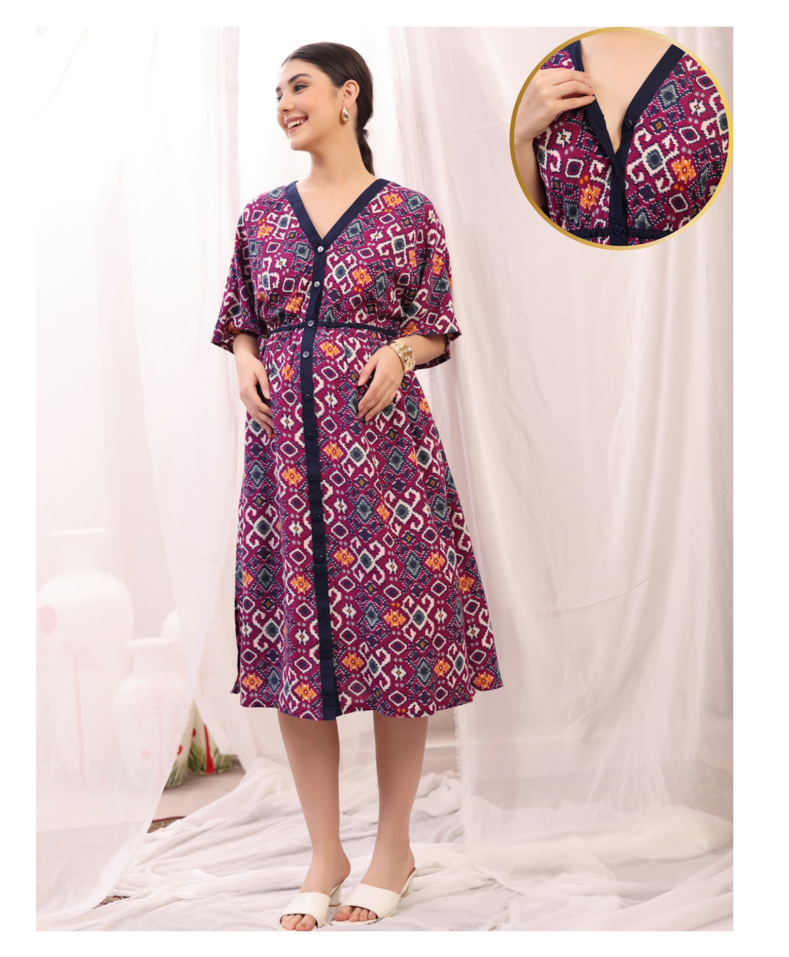 Zelena Rayon Woven Three Fourth Sleeves Ikat Printed Maternity Dress With Front Open Nursing Access - Purple & Multi Colour-picture-22