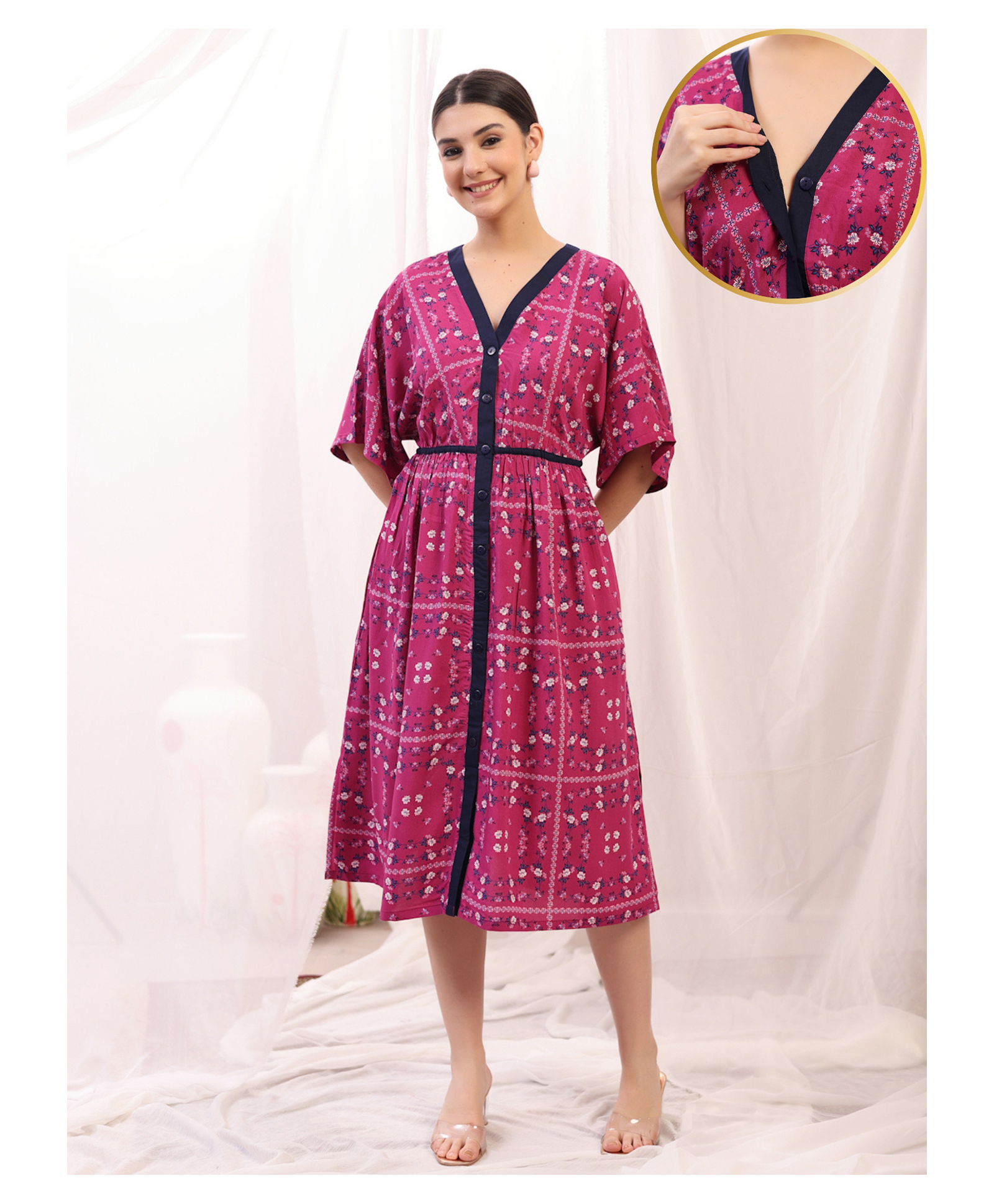 Zelena Rayon Woven Three Fourth Sleeves Floral Printed Maternity Dress With Front Open Nursing Access - White Pink & Purple-picture-14