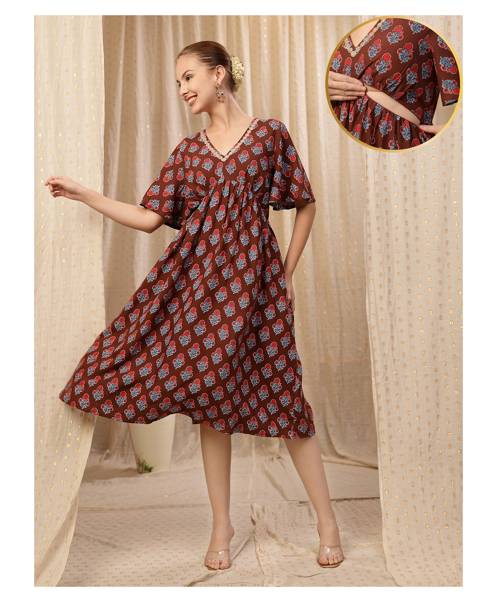 Zelena Rayon Woven Half Sleeves Floral Motif Printed Maternity Dress With Side Zipper Nursing Access - Brown & Blue-picture-23
