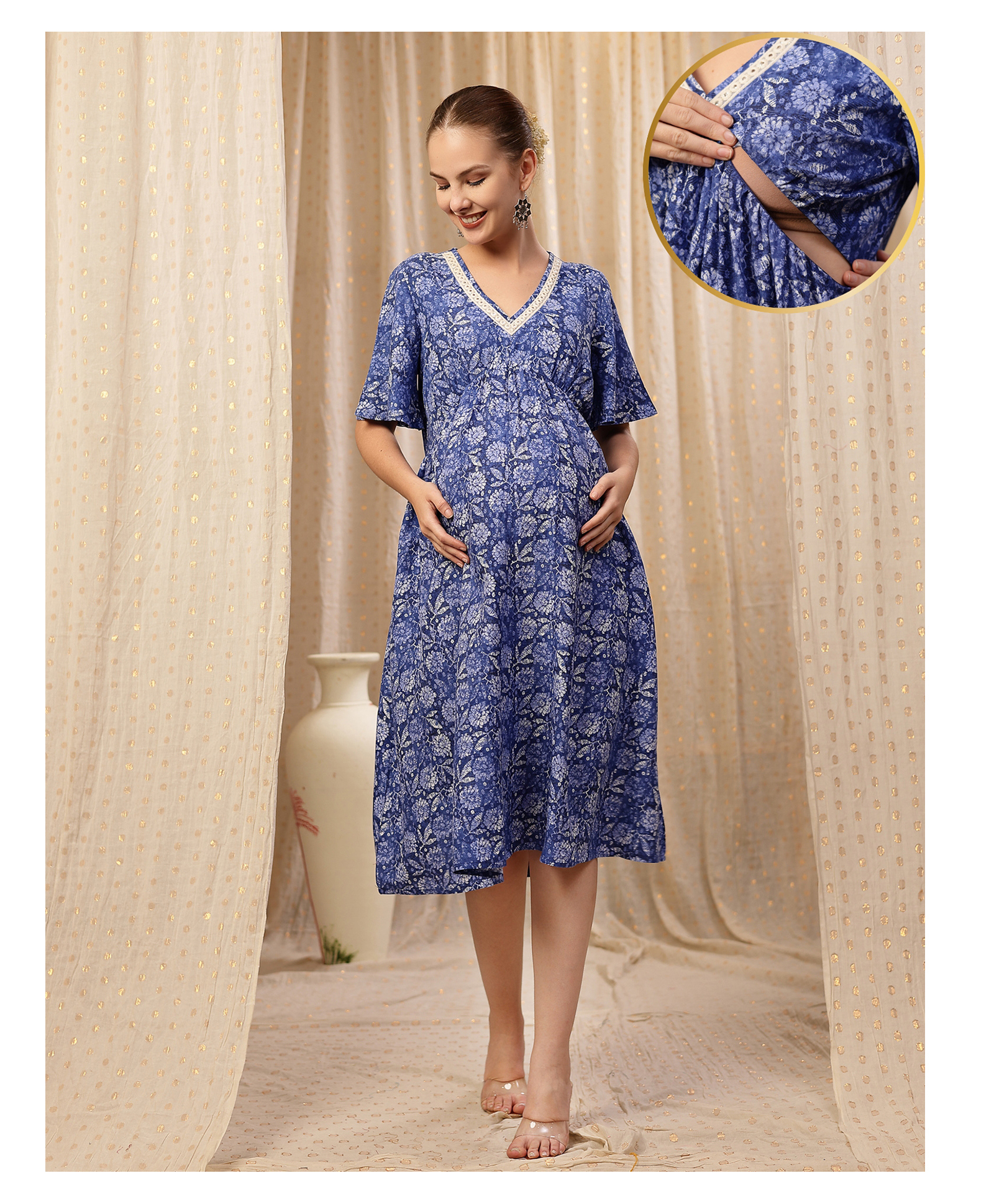 Zelena Rayon Woven Half Sleeves Floral Printed Lace Detailed Maternity Dress With Side Zipper Nursing Access - Blue-picture-24