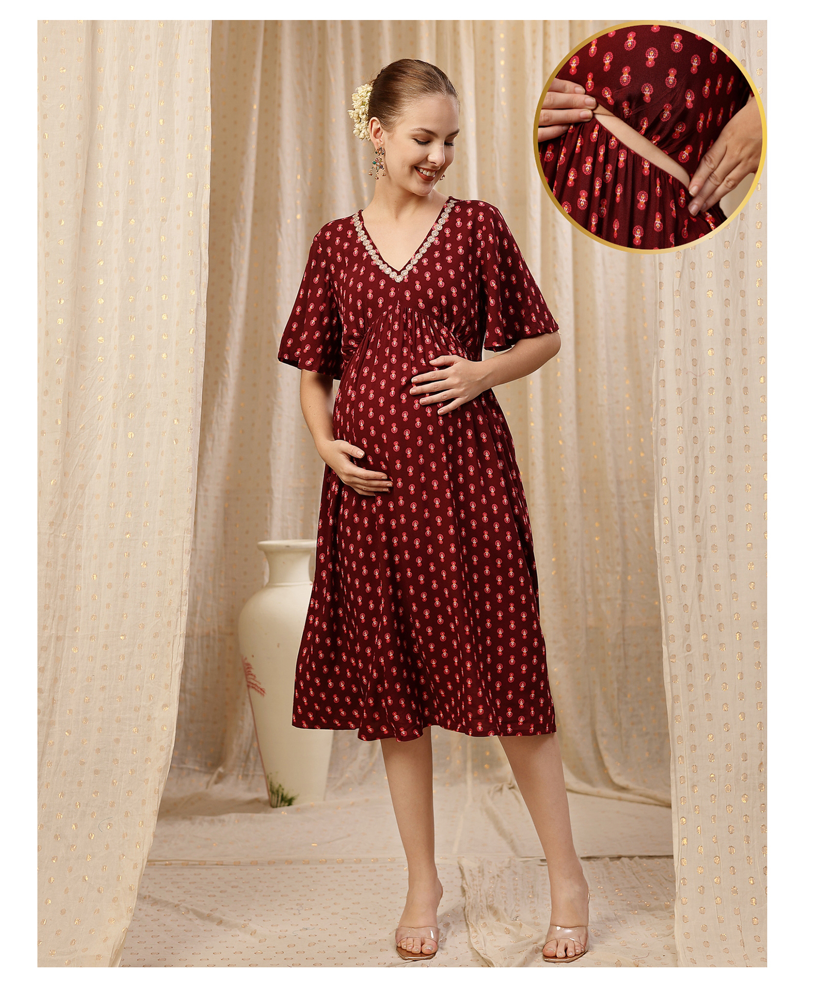 Zelena 100% Rayon Woven Half Sleeves Abstract Printed Maternity Dress With Side Zipper Nursing Access - Maroon-image-14