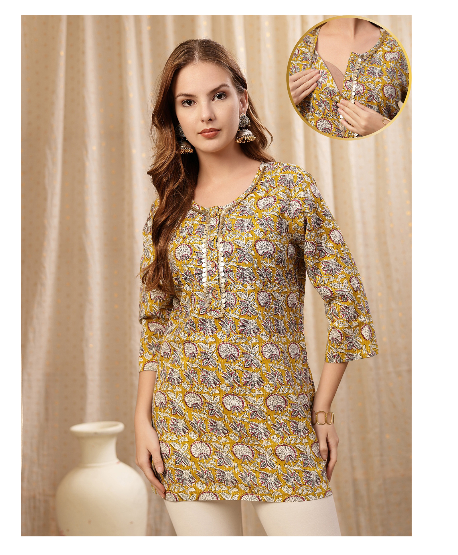 Zelena 100% Cotton Woven Three Fourth Sleeves Floral Printed Maternity Top With Front Open Nursing Access - Yellow-image-39