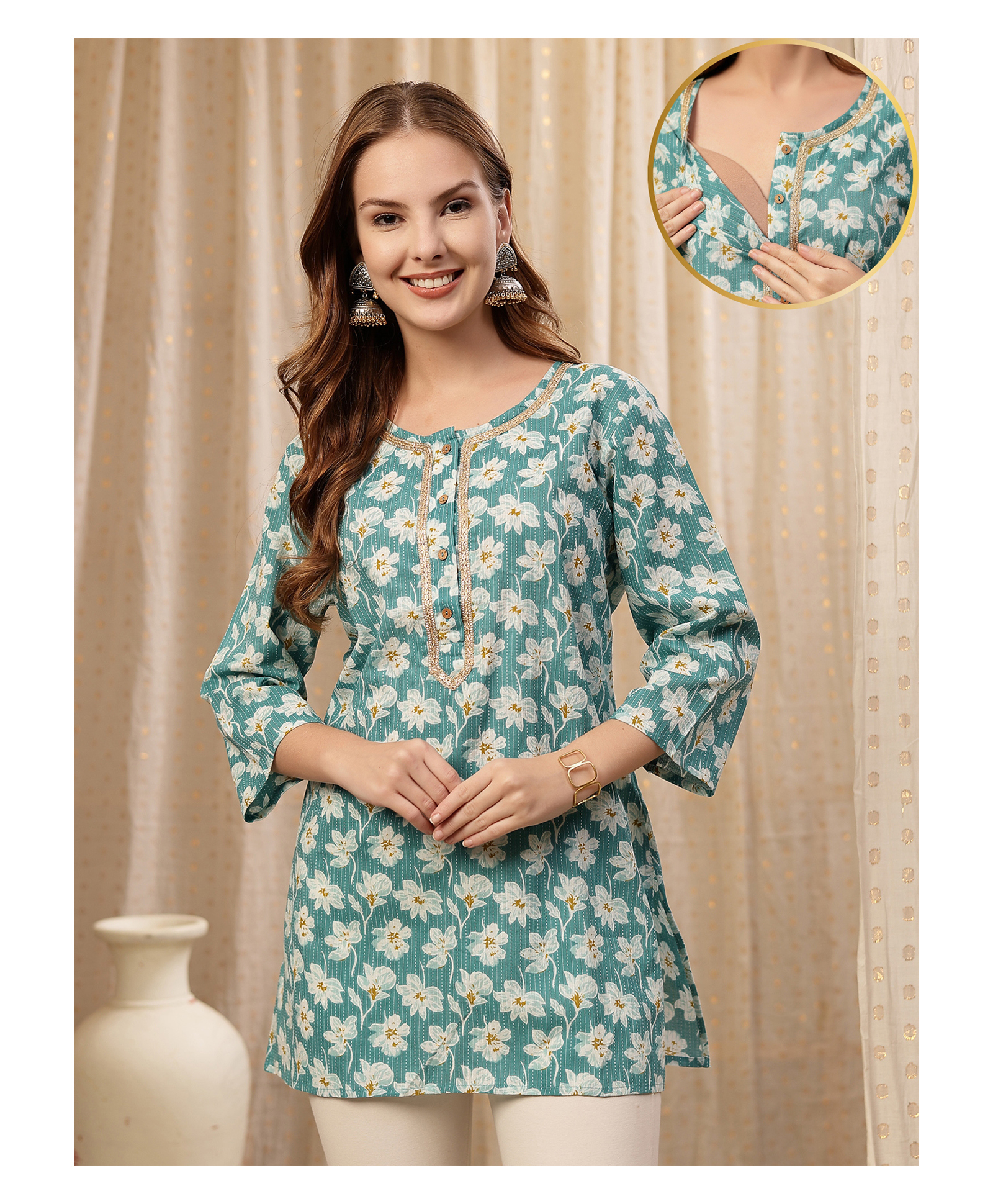 Zelena 100% Cotton Woven Three Fourth Sleeves Floral Printed Maternity Kurti With Front Open Nursing Access - Floral Teal-image-35