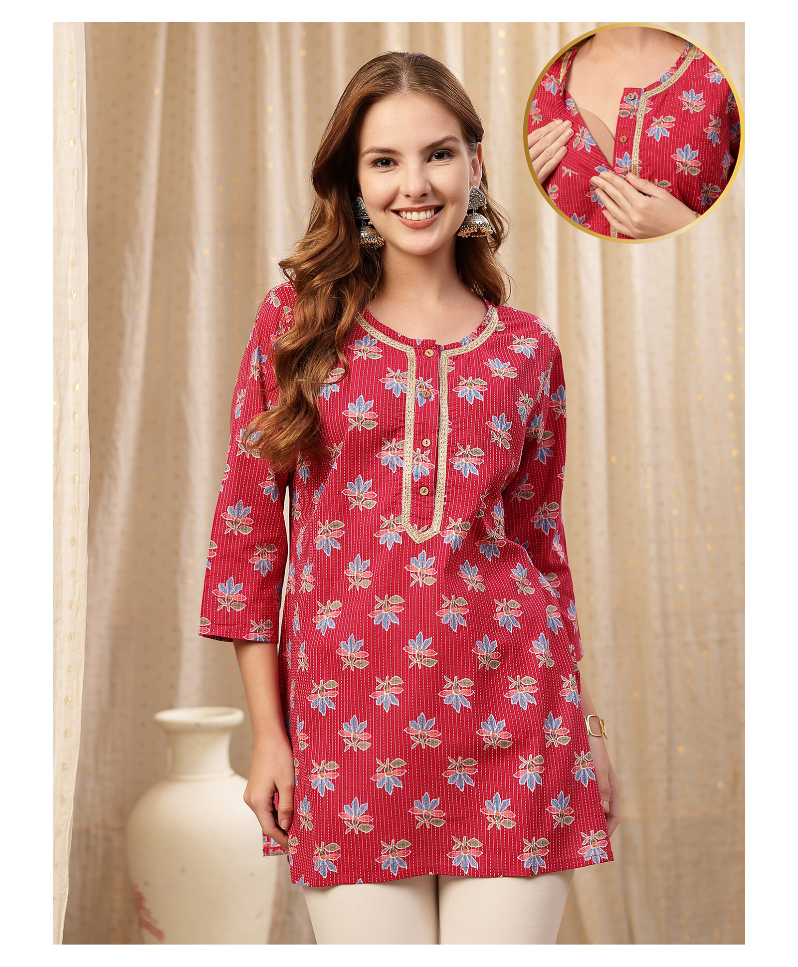 Zelena 100% Cotton Woven Three Fourth Sleeves Floral Printed Maternity Kurti With Front Open Nursing Access - Red-image-48