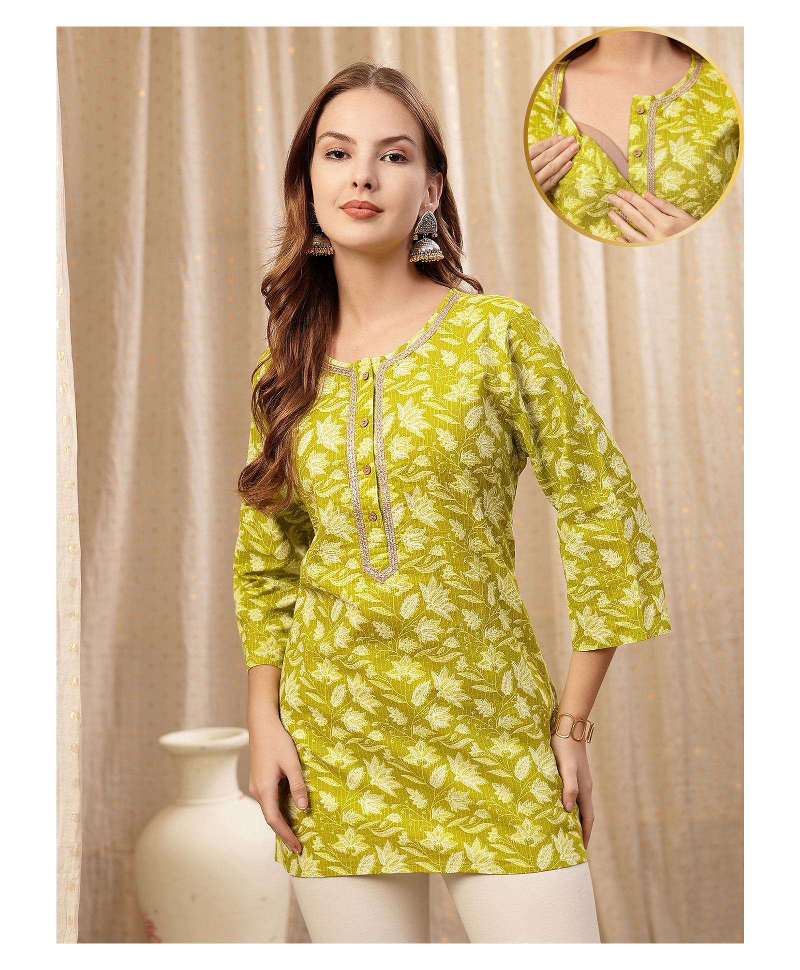 Zelena 100% Cotton Woven Three Fourth Sleeves Floral Printed Maternity Kurti With Front Open Nursing Access - Yellow-image-49