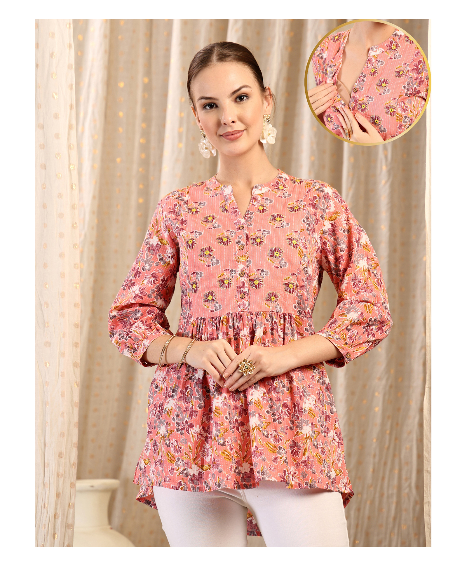Zelena Cotton Silk Woven Three Fourth Sleeves Floral Printed Maternity Peplum Top With Front Open Nursing Access - Peach-picture-35