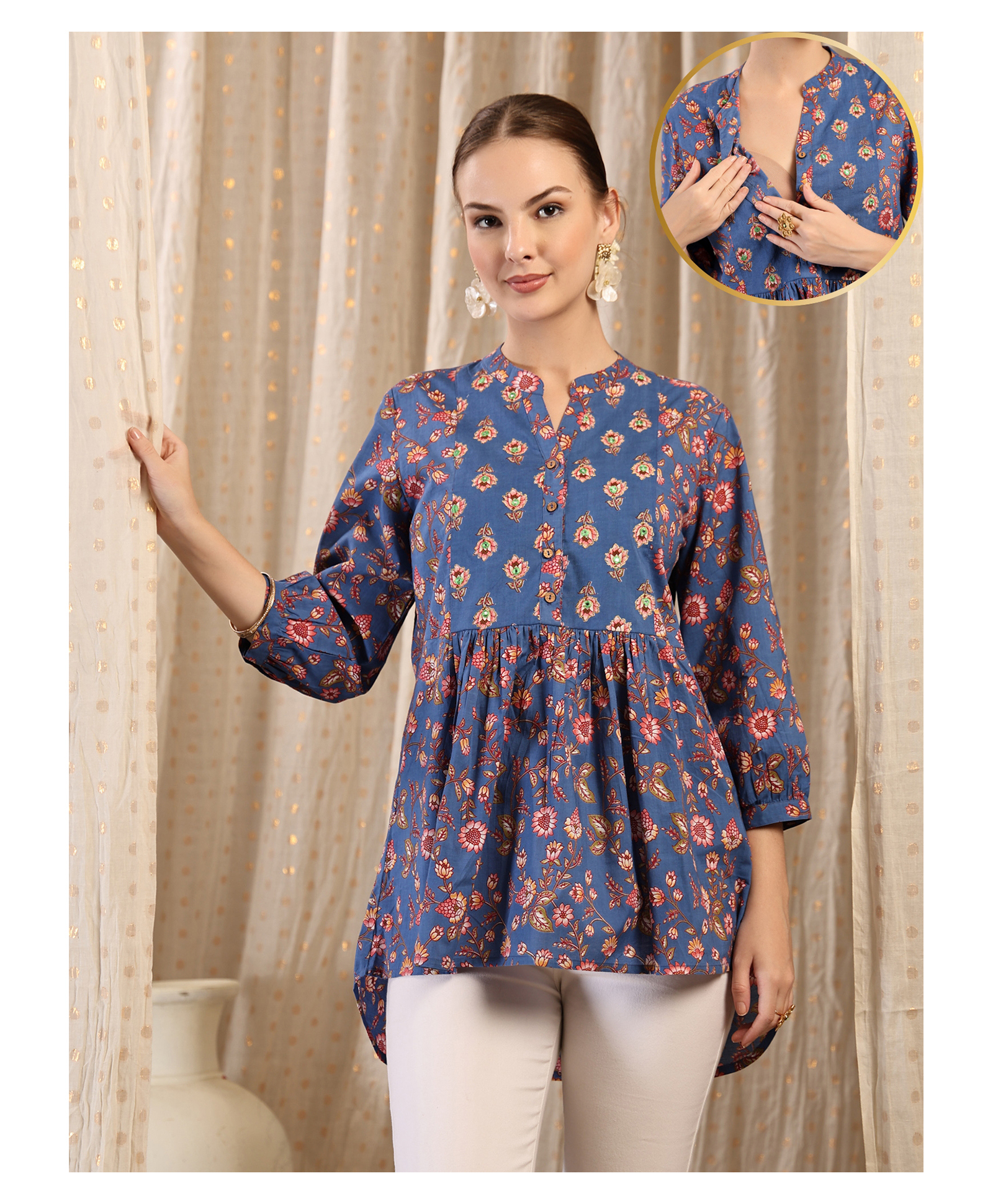 Zelena Cotton Silk Woven Three Fourth Sleeves Floral Printed Maternity Peplum Top With Front Open Nursing Access - Royal Blue-picture-36