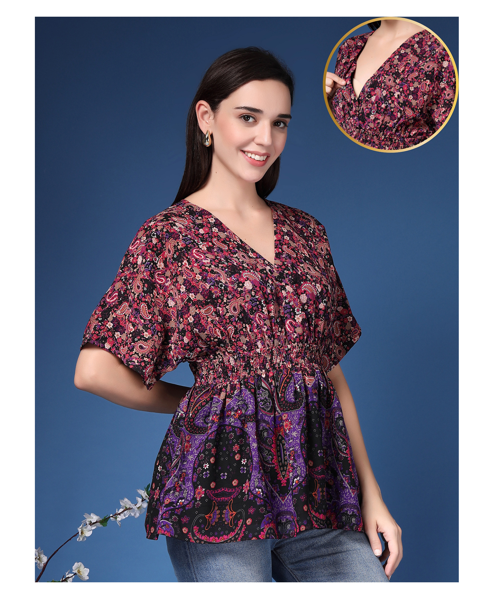 Zelena Cotton Silk Woven Half Sleeves Floral Printed Maternity Top With Front Open Nursing Access & Adjustable Waist Tie - Purple-image-33