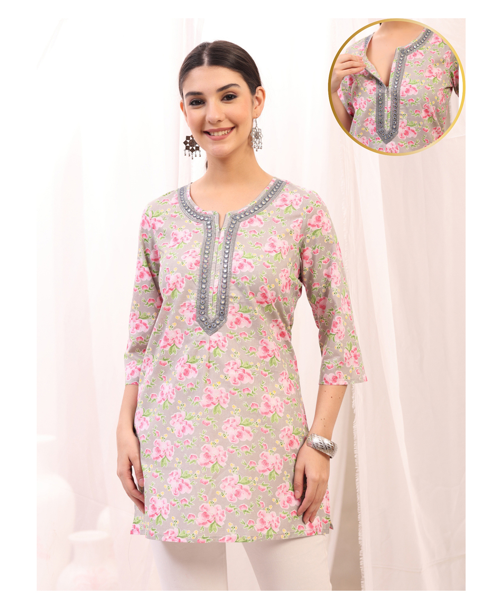 Zelena Cotton Silk Woven Three Fourth Sleeves Floral Printed Maternity Kurti With Front Open Nursing Access - Grey Floral-image-35