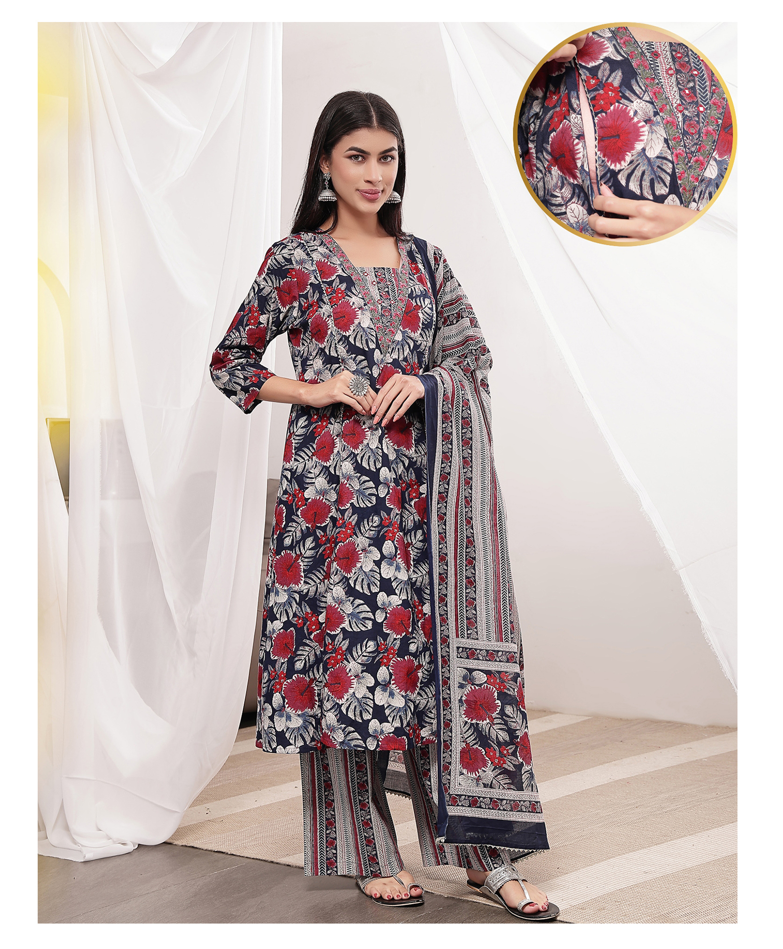 Zelena Cotton Silk Woven Three Fourth Sleeves Floral Printed Maternity Kurti With Side Zipper Nursing Access & Pant With Dupatta Set - Navy Blue-image-23