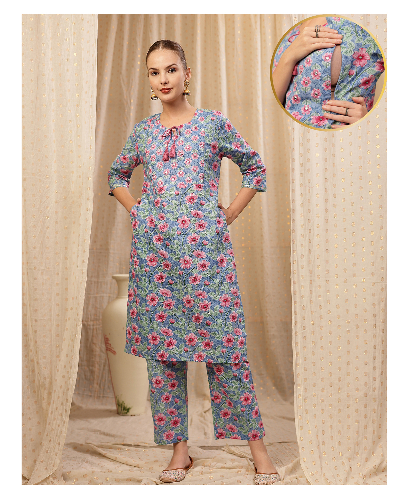 Zelena Cotton Silk Woven Three Fourth Sleeves Floral Printed Maternity Kurti With Side Zipper Nursing Access & Pant Set - Sky Blue-image-38