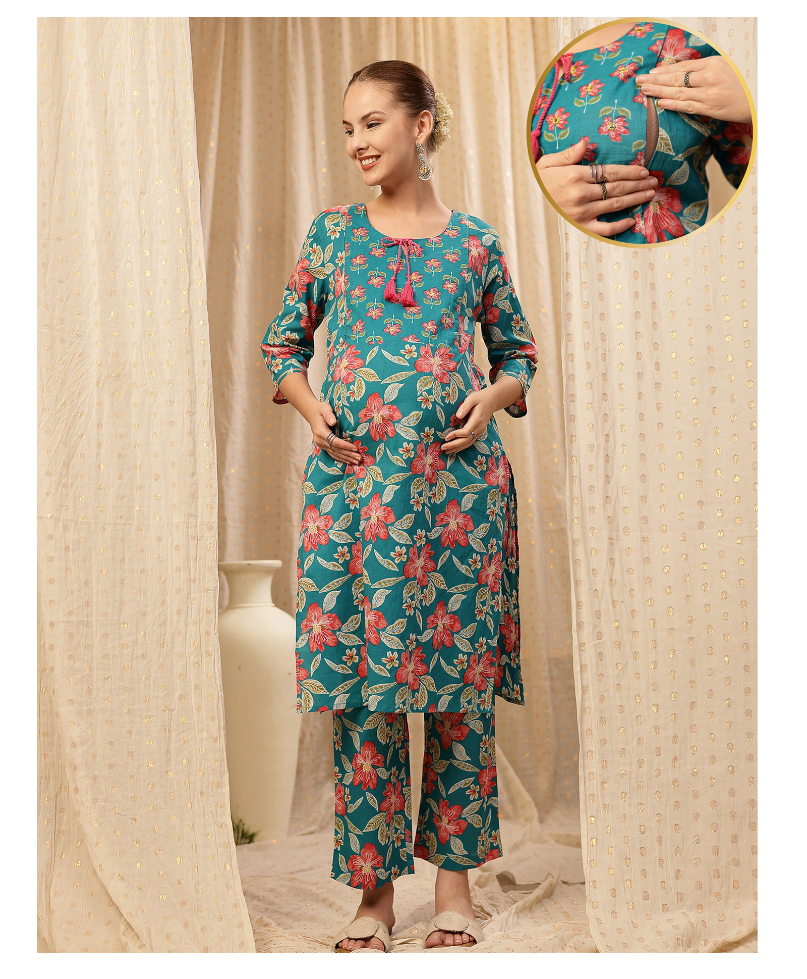 Zelena Cotton Silk Woven Three Fourth Sleeves Floral Printed Maternity Kurti With Side Zipper Nursing Access & Pant Set - Turquoise Blue-image-46