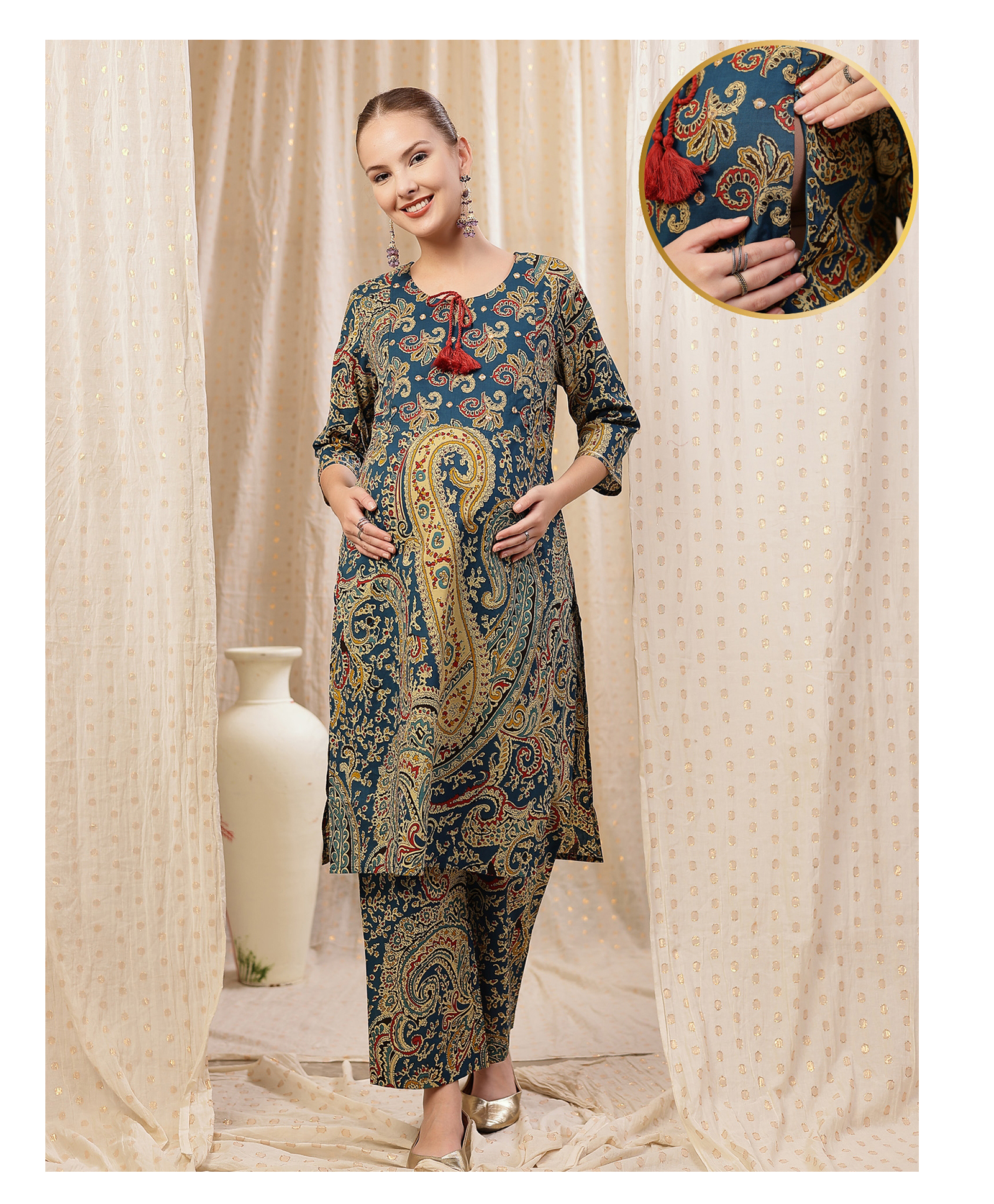 Zelena Cotton Silk Woven Three Fourth Sleeves Paisley Printed Maternity Kurti With Side Zipper Nursing Access & Pant Set - Deep Blue-image-12