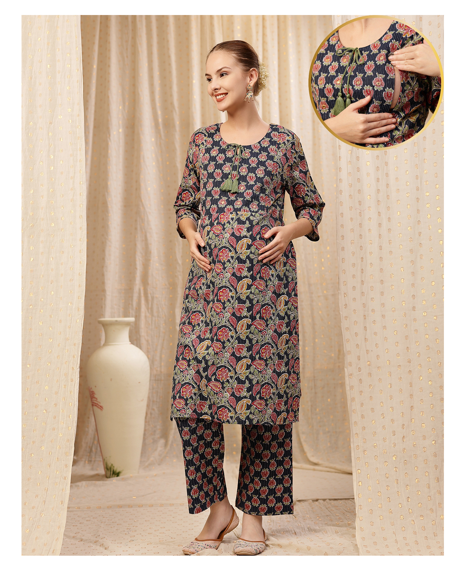 Zelena Cotton Silk Woven Three Fourth Sleeves Floral Printed Maternity Kurti With Side Zipper Nursing Access & Pant Set - Navy Blue-image-13
