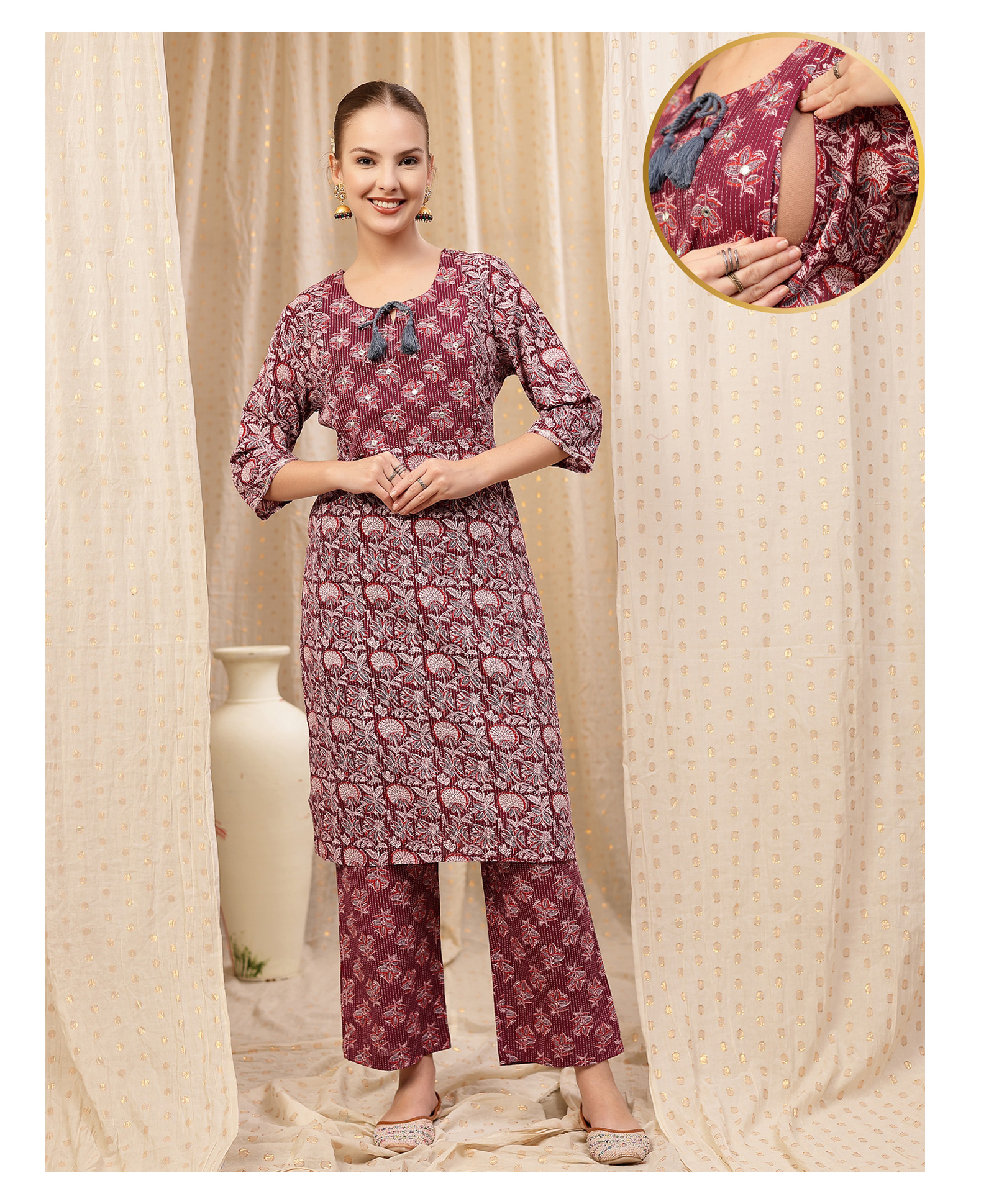 Zelena Cotton Silk Woven Three Fourth Sleeves Floral Printed Maternity Kurti With Side Zipper Nursing Access & Pant Set - Purple-image-24
