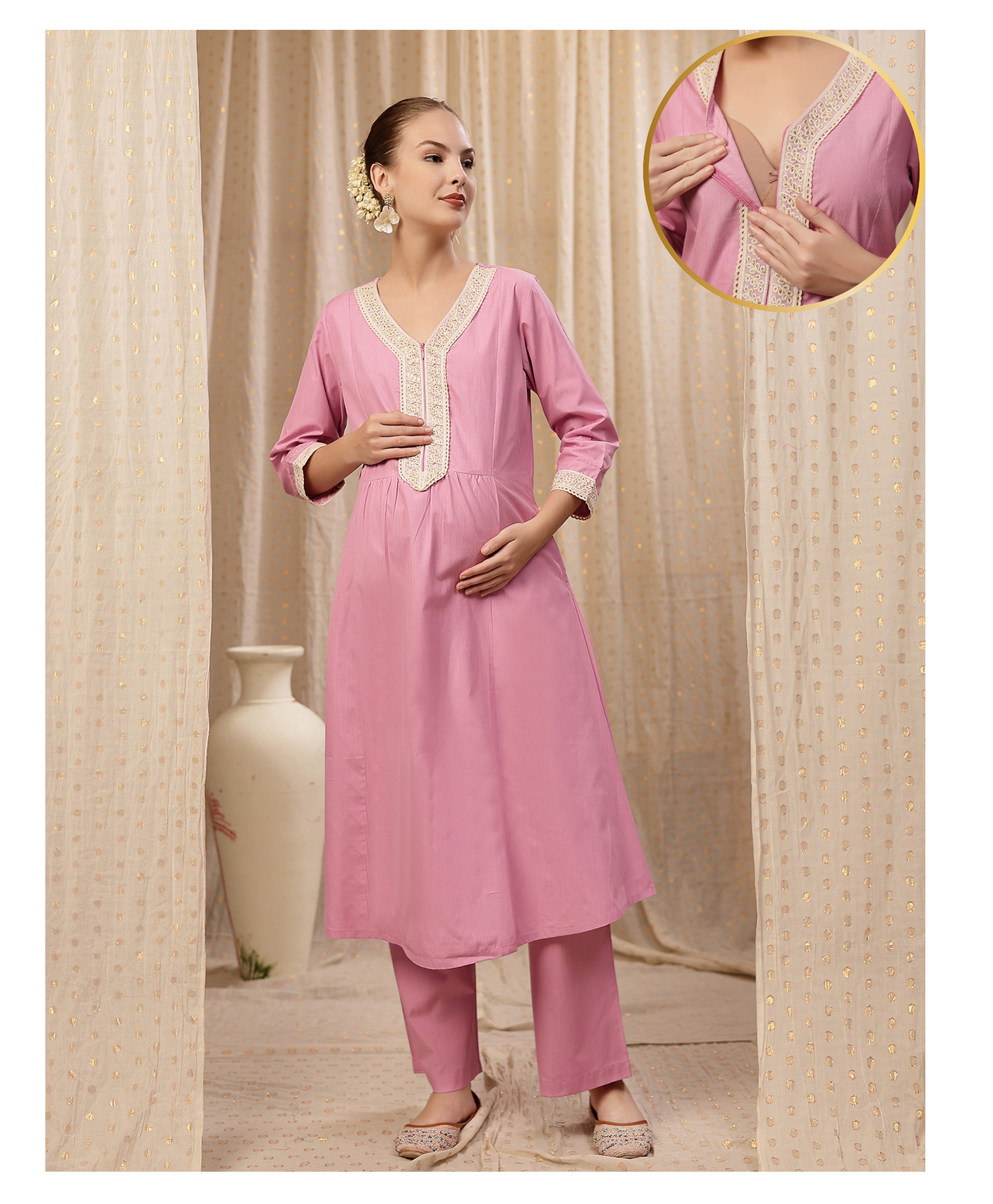 Zelena Cotton Silk Woven Three Fourth Sleeves Lace Embellished Maternity Kurti With Front Zipper Nursing Access & Pant Set - Light Pink-image-23