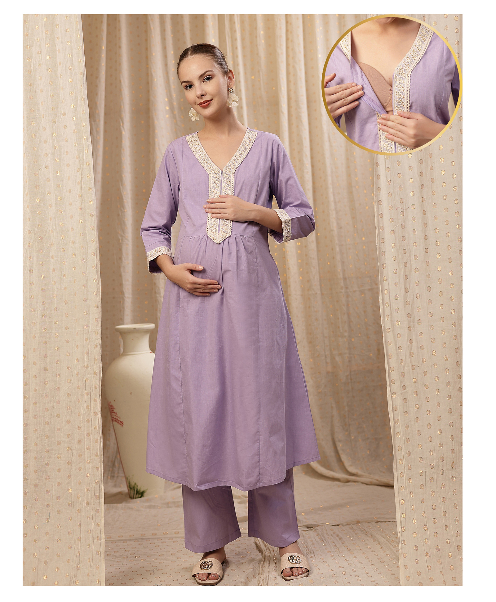 Zelena Cotton Silk Woven Three Fourth Sleeves Floral Printed Maternity Kurti With Side Zipper Nursing Access & Pant Set - Light Purple-image-28