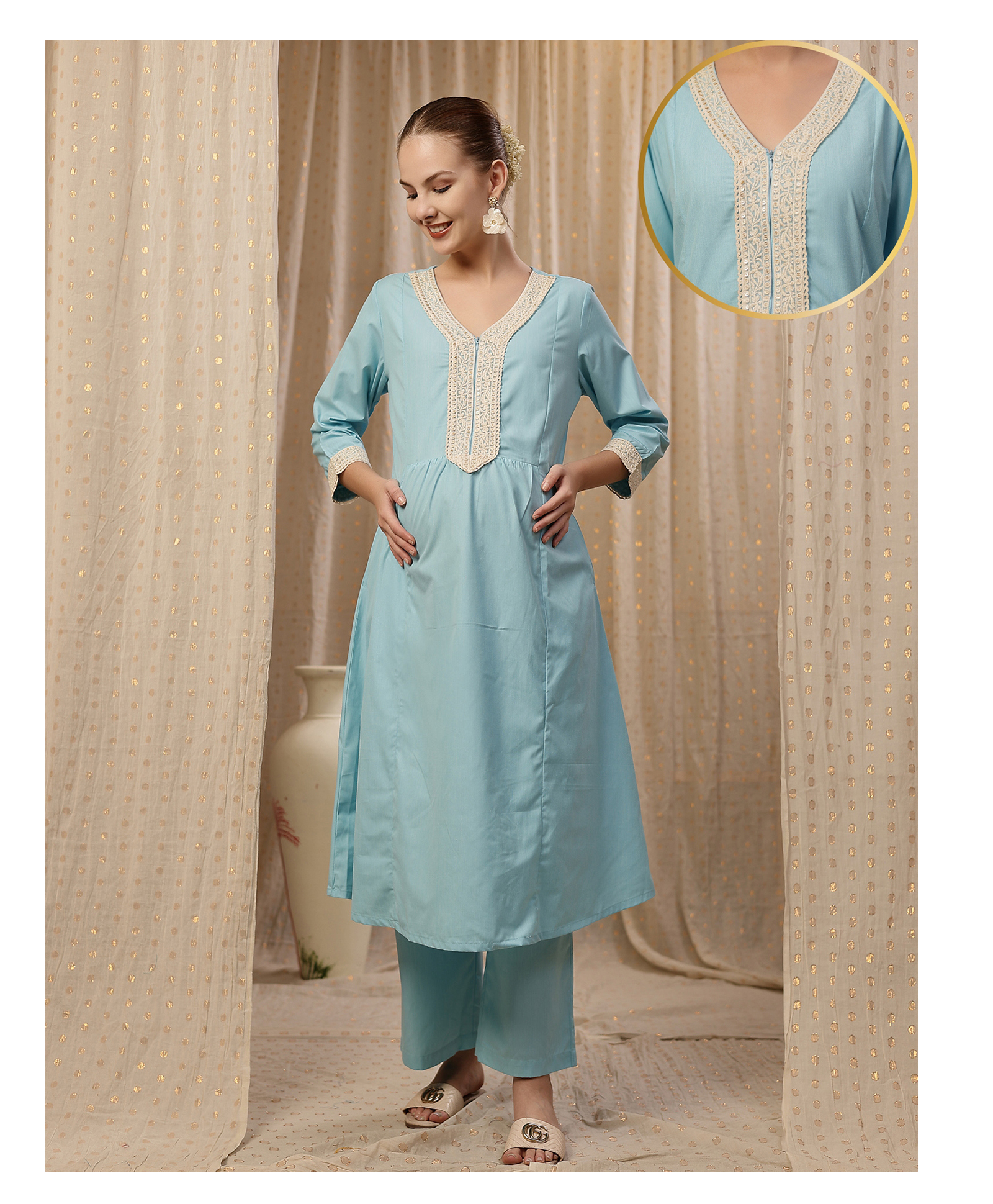 Zelena Cotton Silk Woven Three Fourth Sleeves Floral Printed Maternity Kurti With Side Zipper Nursing Access & Pant Set - Light Blue-picture-30