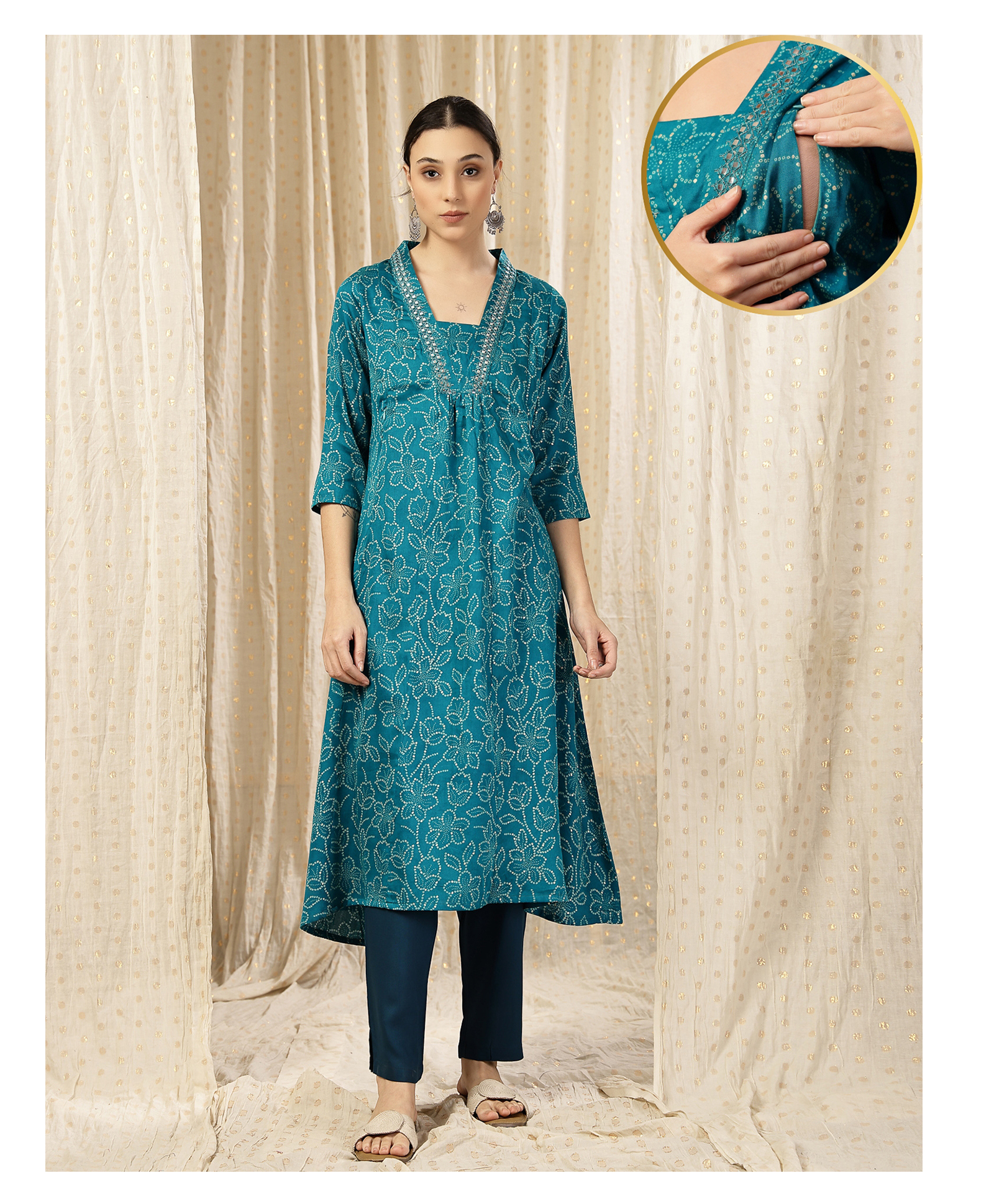 Zelena 100% Rayon Woven Three Fourth Sleeves Floral Printed Maternity Kurti With Side Zipper Nursing Access & Pant Set - Teal Blue-image-22