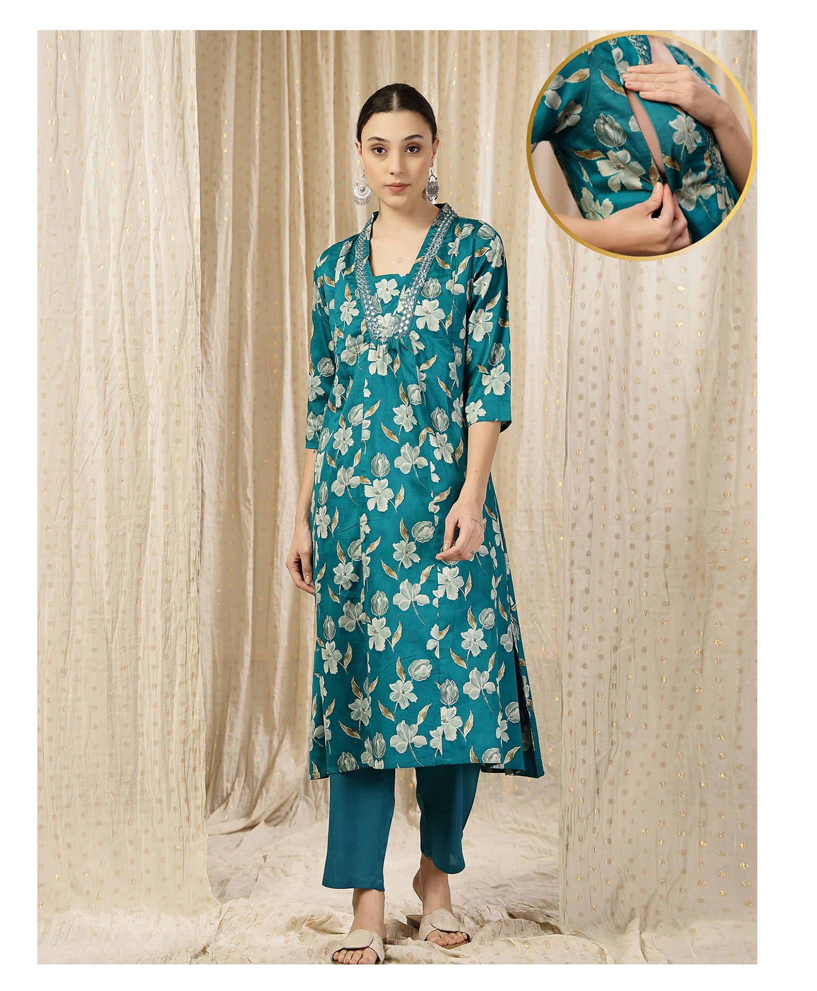 Zelena 100% Rayon Woven Three Fourth Sleeves Floral Printed Maternity Kurti With Side Zipper Nursing Access - Teal Green-image-14