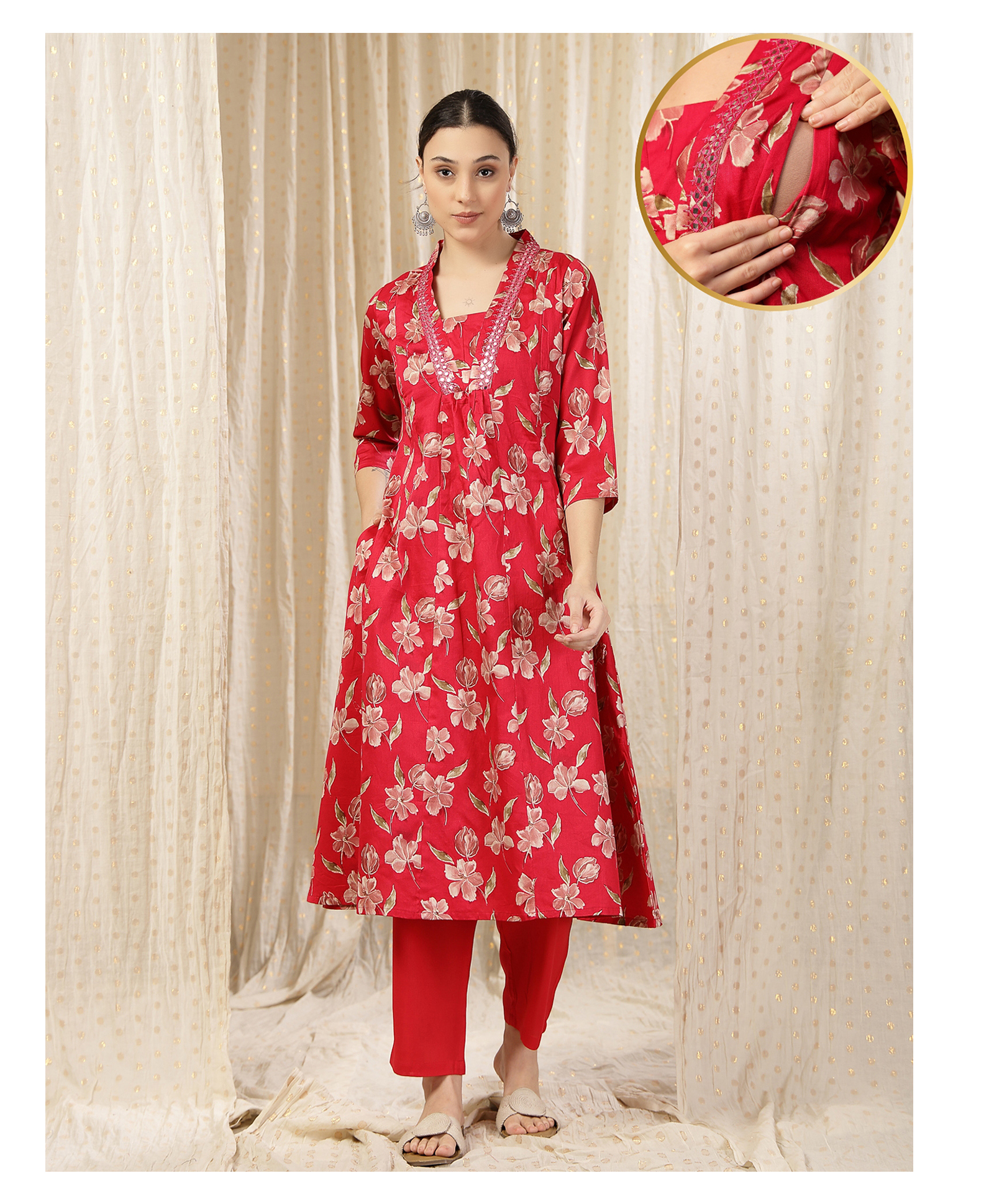 Zelena 100% Rayon Woven Three Fourth Sleeves Floral Printed Maternity Kurti With Side Zipper Nursing Access - Maroon Red-image-49