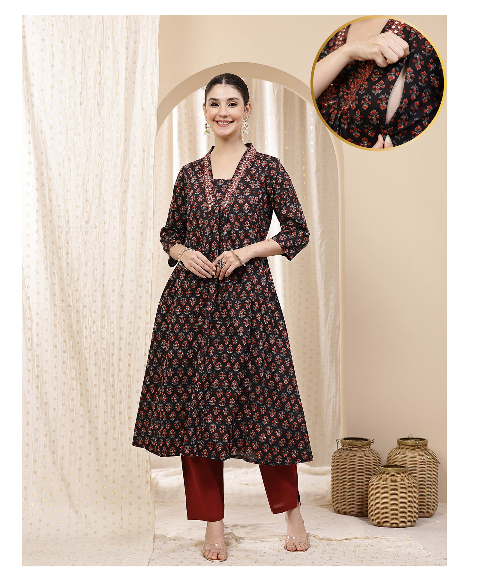 Zelena Cotton Silk Woven Three Fourth Sleeves Floral Printed Maternity Kurti With Side Zipper Access & Pant Set - Grey-image-39