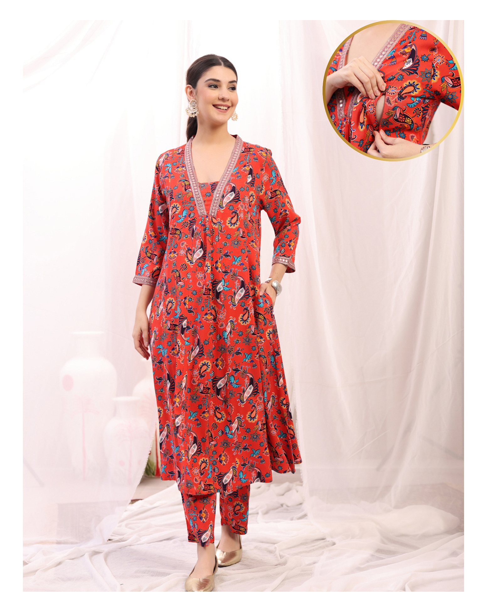 Zelena 100% Rayon Woven Three Fourth Sleeves Floral Printed Maternity Kurti With Side Zipper Nursing Access - Red Floral-image-47