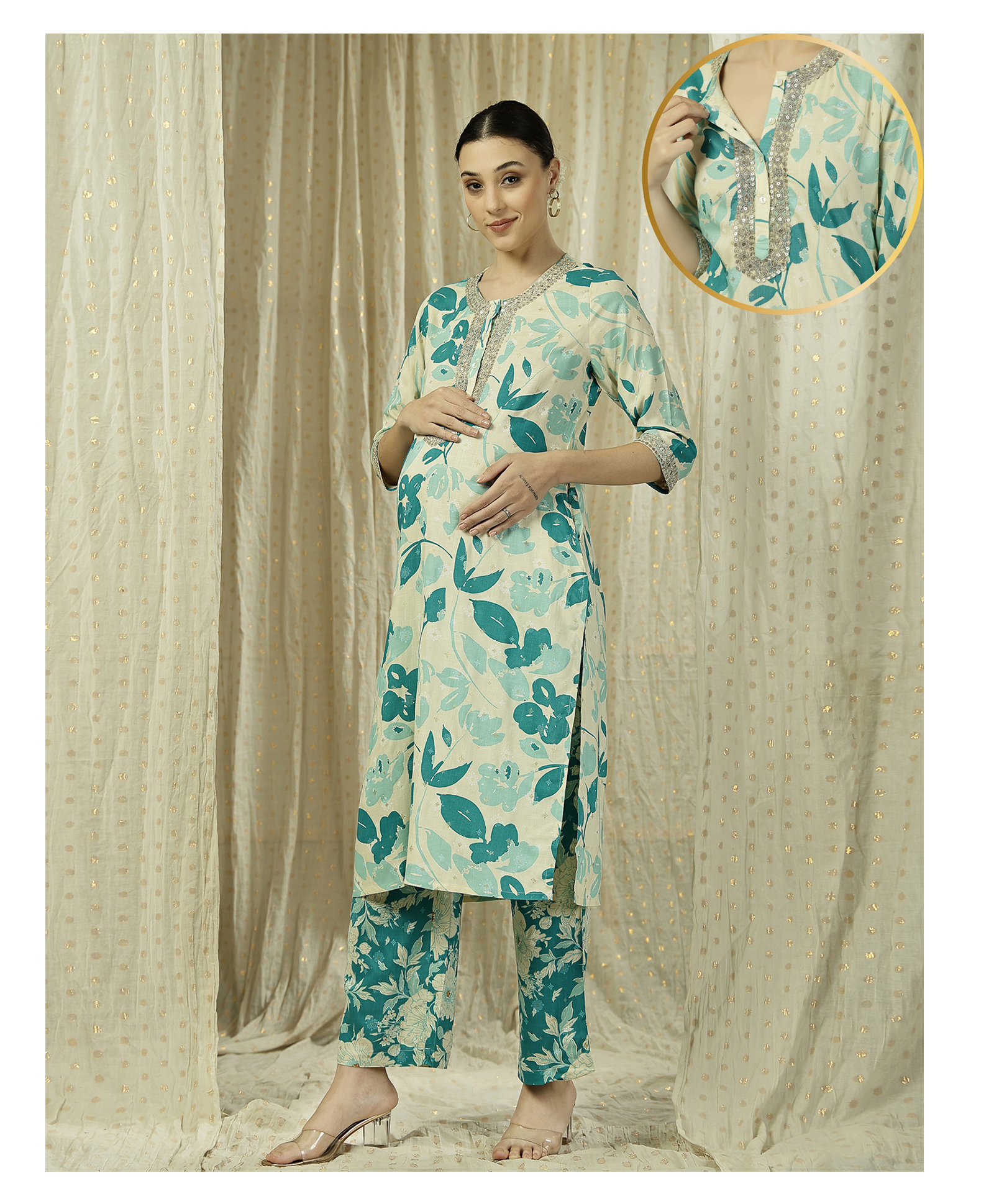 Zelena 100% Rayon Woven Three Fourth Sleeves Floral Printed Maternity Kurti With Side Zipper Nursing Access - White Teal Floral-image-23