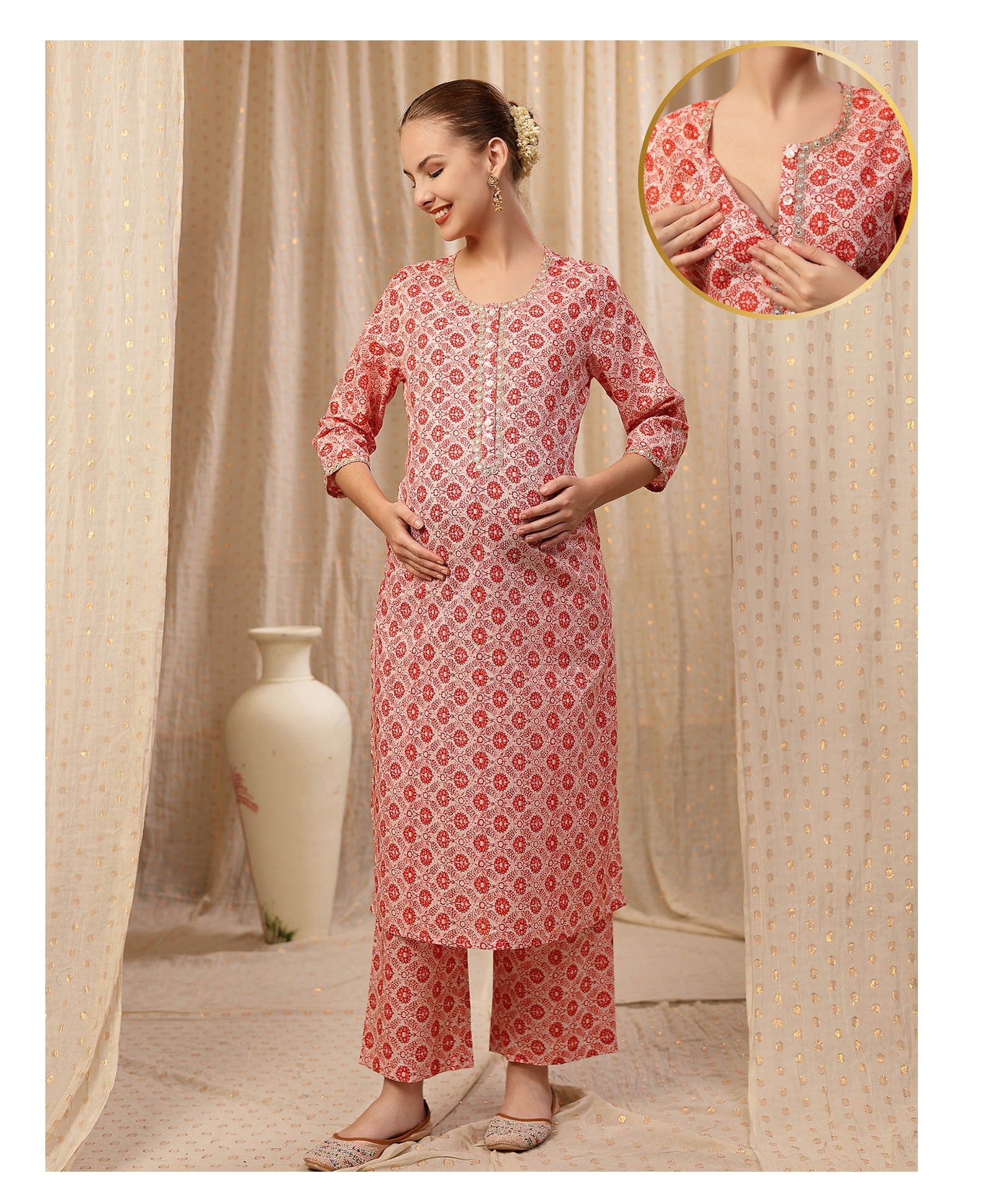 Zelena Cotton Silk Woven Three Fourth Sleeves Floral Printed Maternity Kurti With Side Zipper Nursing Access - White Pink Floral-image-34