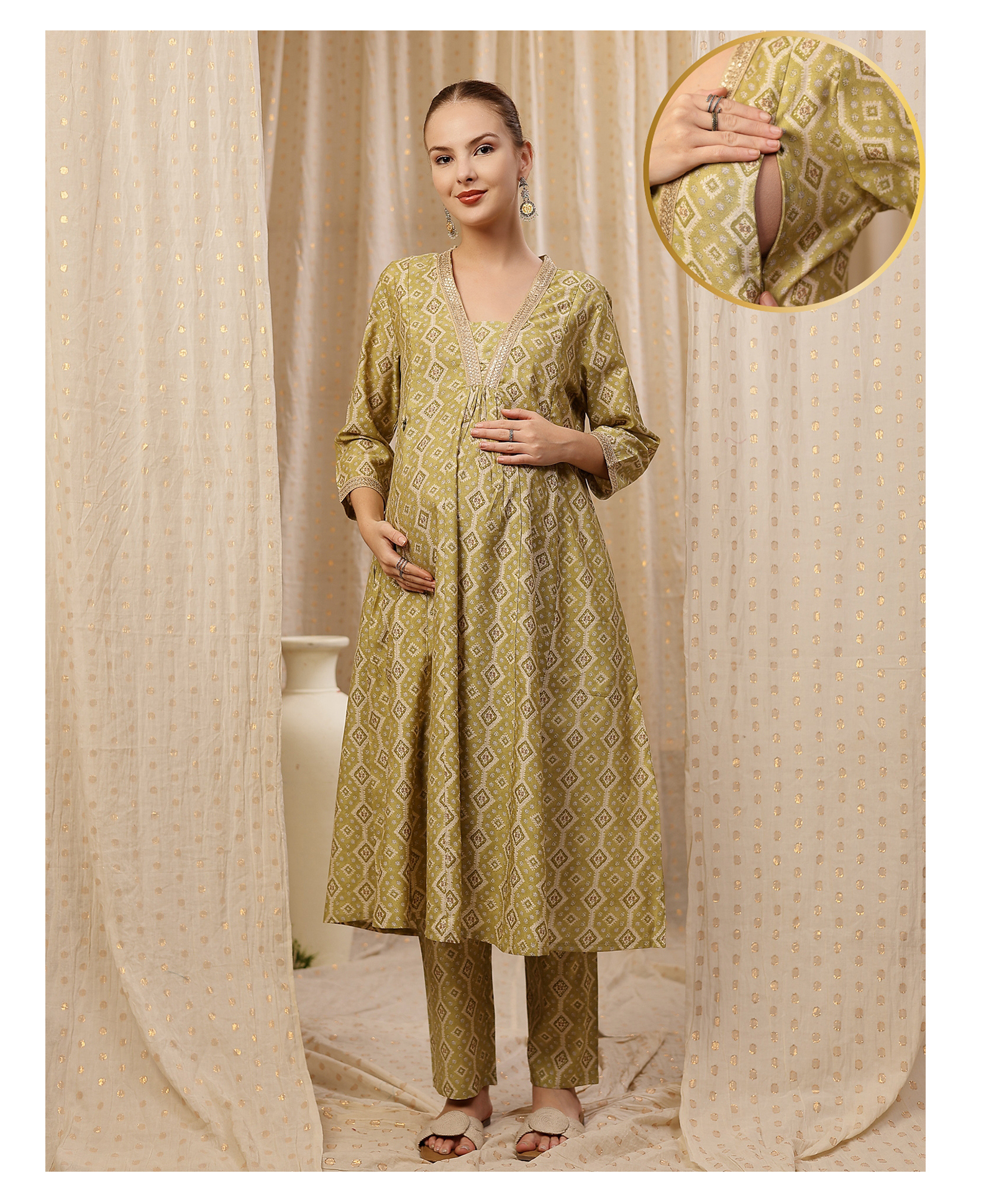 Zelena 100% Rayon Woven Three Fourth Sleeves Floral Printed Maternity Kurti With Side Zipper Nursing Access - Green-picture-19