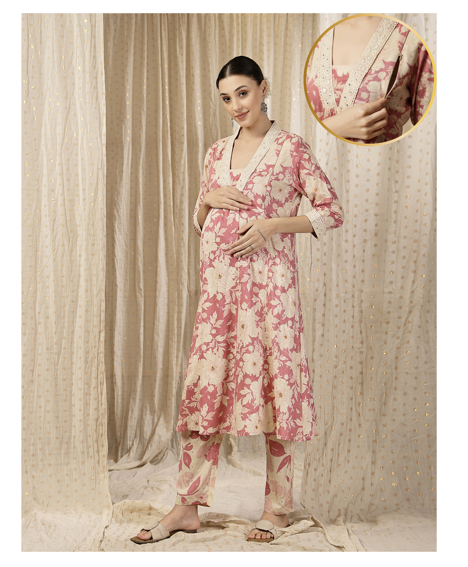 Zelena 100% Rayon Woven Three Fourth Sleeves Floral Printed Maternity Kurti With Side Zipper Nursing Access - Megenta Pink-picture-36