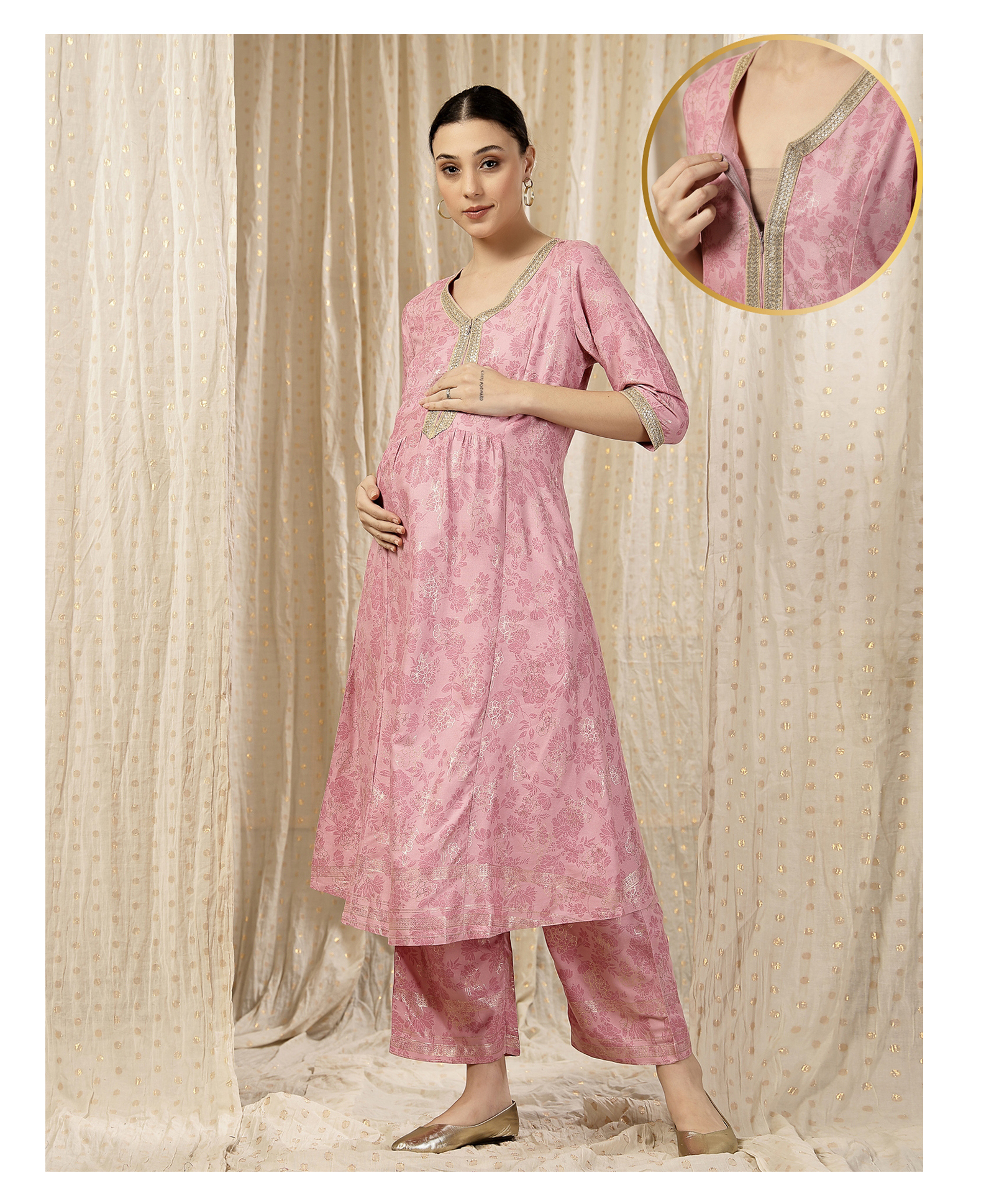 Zelena 100% Rayon Woven Three Fourth Sleeves Floral Printed Maternity Kurti With Side Zipper Nursing Access - Pink Lurex Mix-image-37