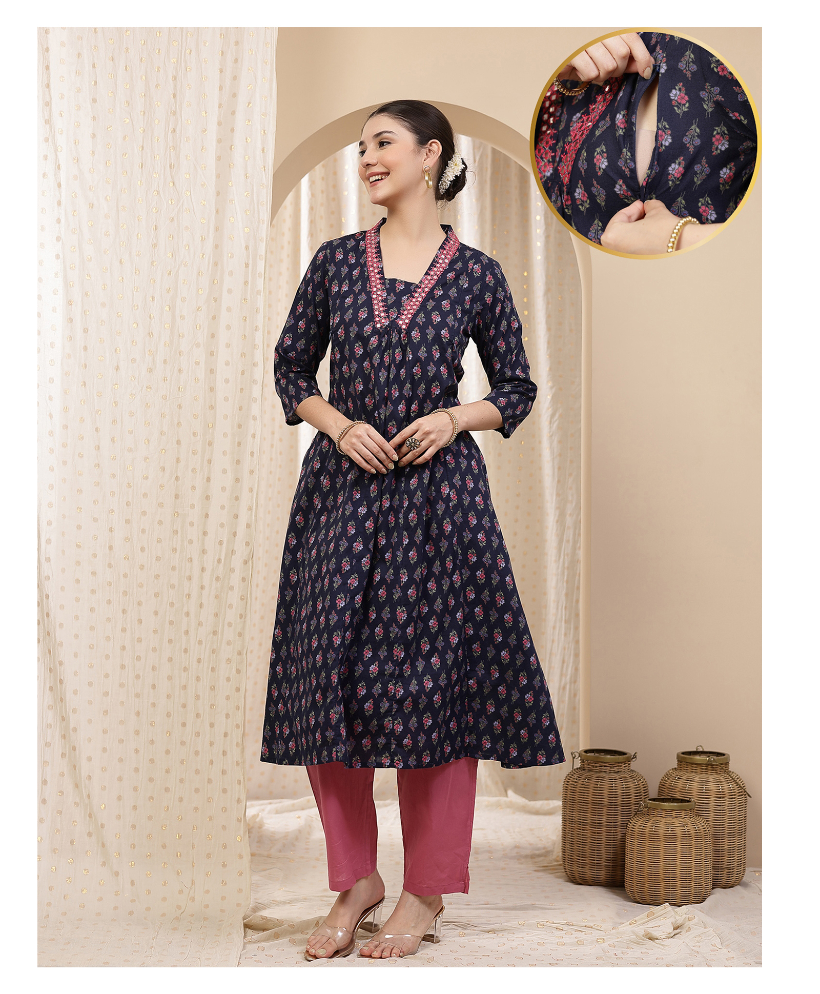 Zelena Cotton Silk Woven Three Fourth Sleeves Floral Printed Maternity Kurti With Side Zipper Nursing Access - Navy Blue Floral-image-31