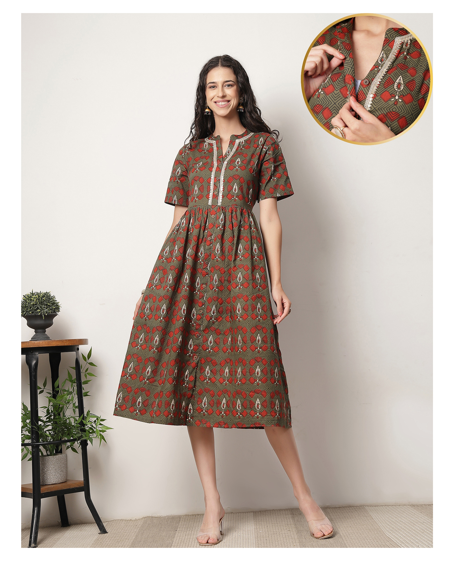 Zelena Cotton Silk Woven Half Sleeves Leaves Printed Lace Embellished Maternity Dress With Front Open Nursing Access - Bottle Green-image-28