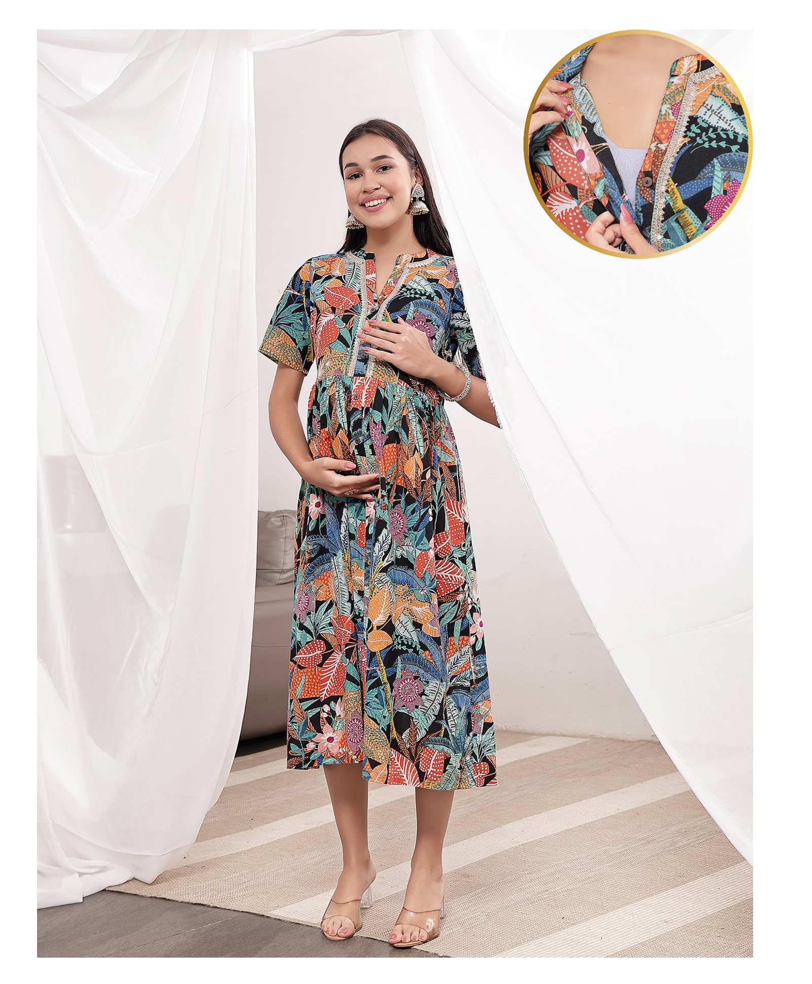 Zelena Cotton Silk Woven Half Sleeves Leaves Printed Lace Embellished Maternity Dress With Front Open Nursing Access - Black & Multi Colour-image-6