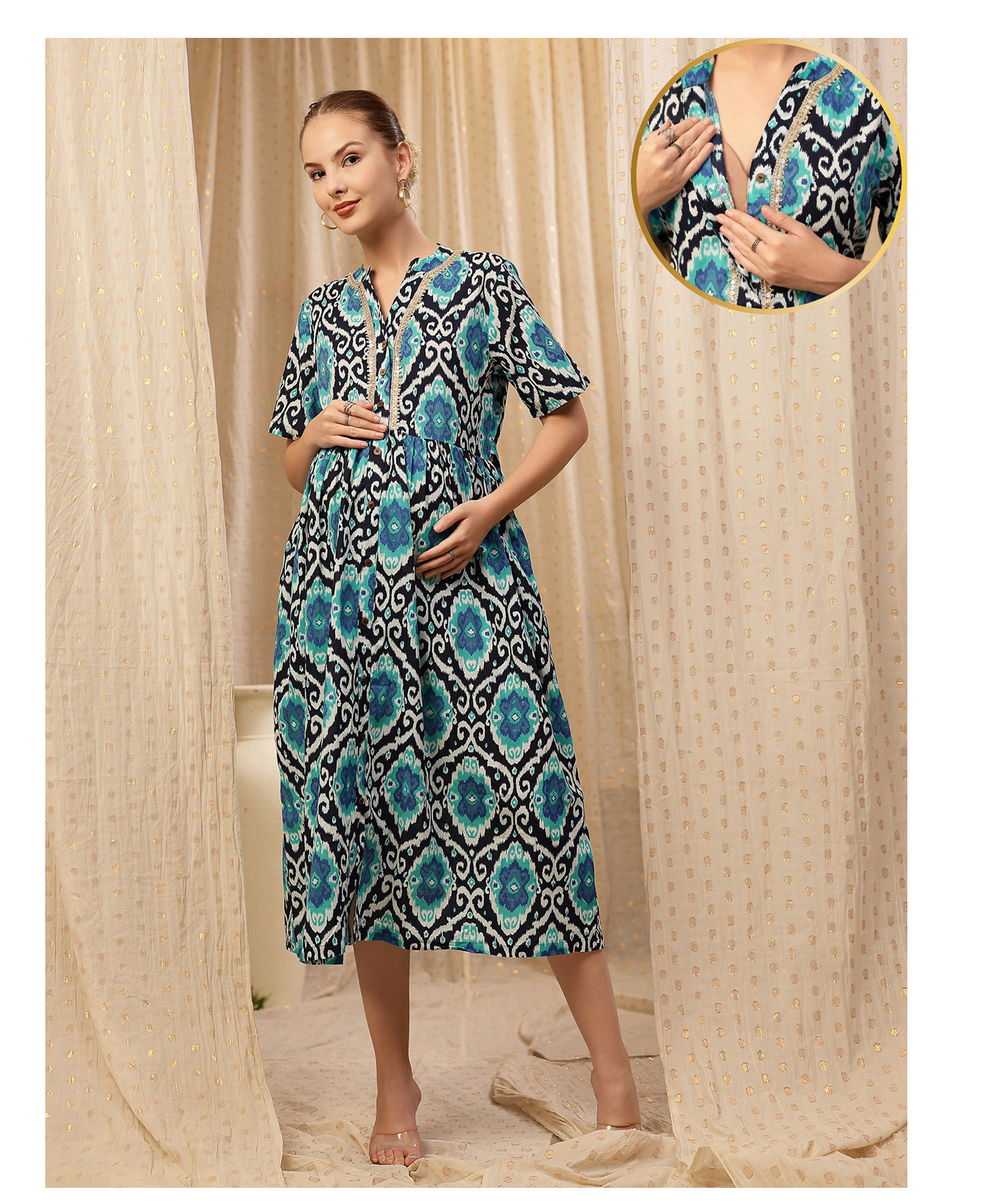 Zelena Cotton Silk Woven Half Sleeves Abstract Printed Maternity Dress With Front Open Nursing Access - Multi Colour-image-21