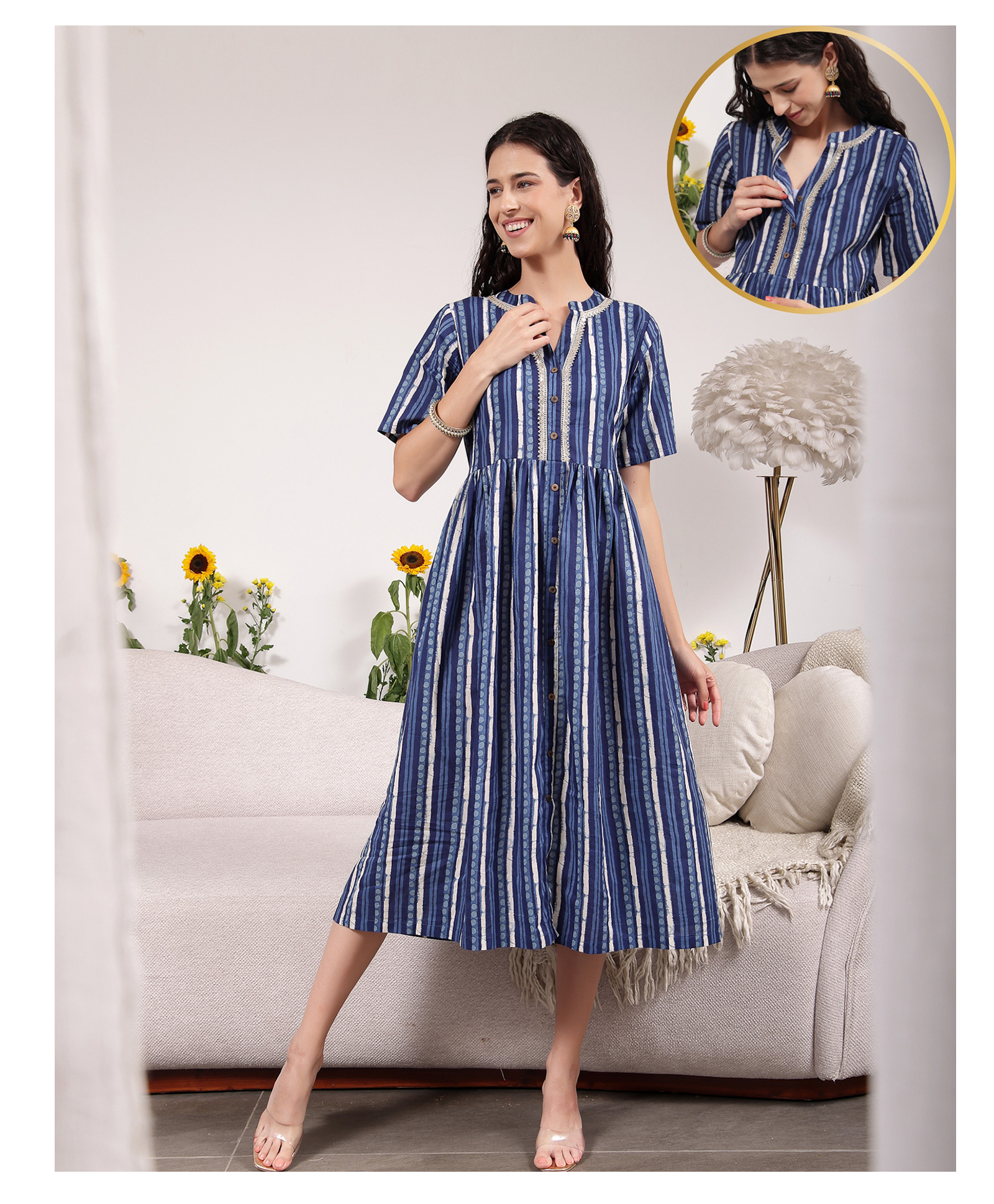 Zelena Cotton Silk Woven Half Sleeves Striped Maternity Dress With Front Open Nursing Access - Navy Blue-picture-13