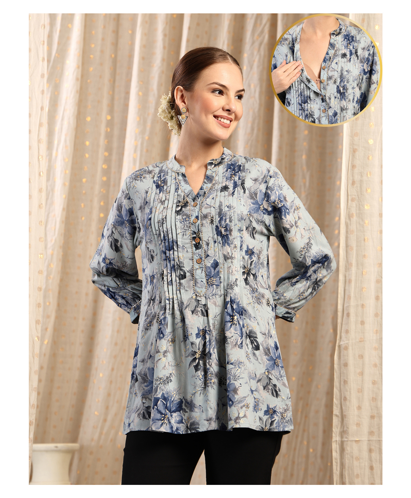 Zelena Cotton Silk Woven Three Fourth Sleeves Floral Printed Maternity Top With Front Open Nursing Access - Sky Blue-picture-24