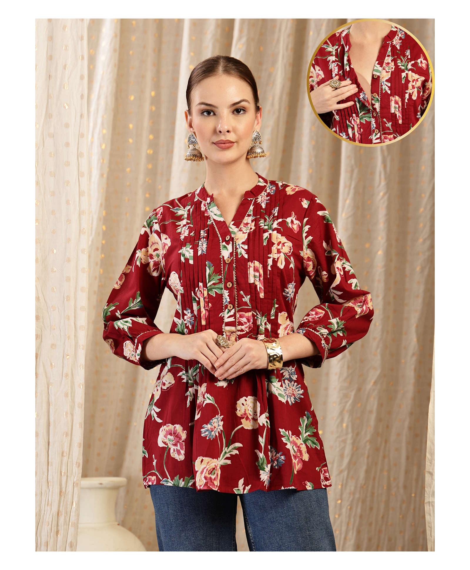 Zelena Cotton Silk Woven Three Fourth Sleeves Floral Printed Maternity Top With Front Open Nursing Access - Maroon-picture-27