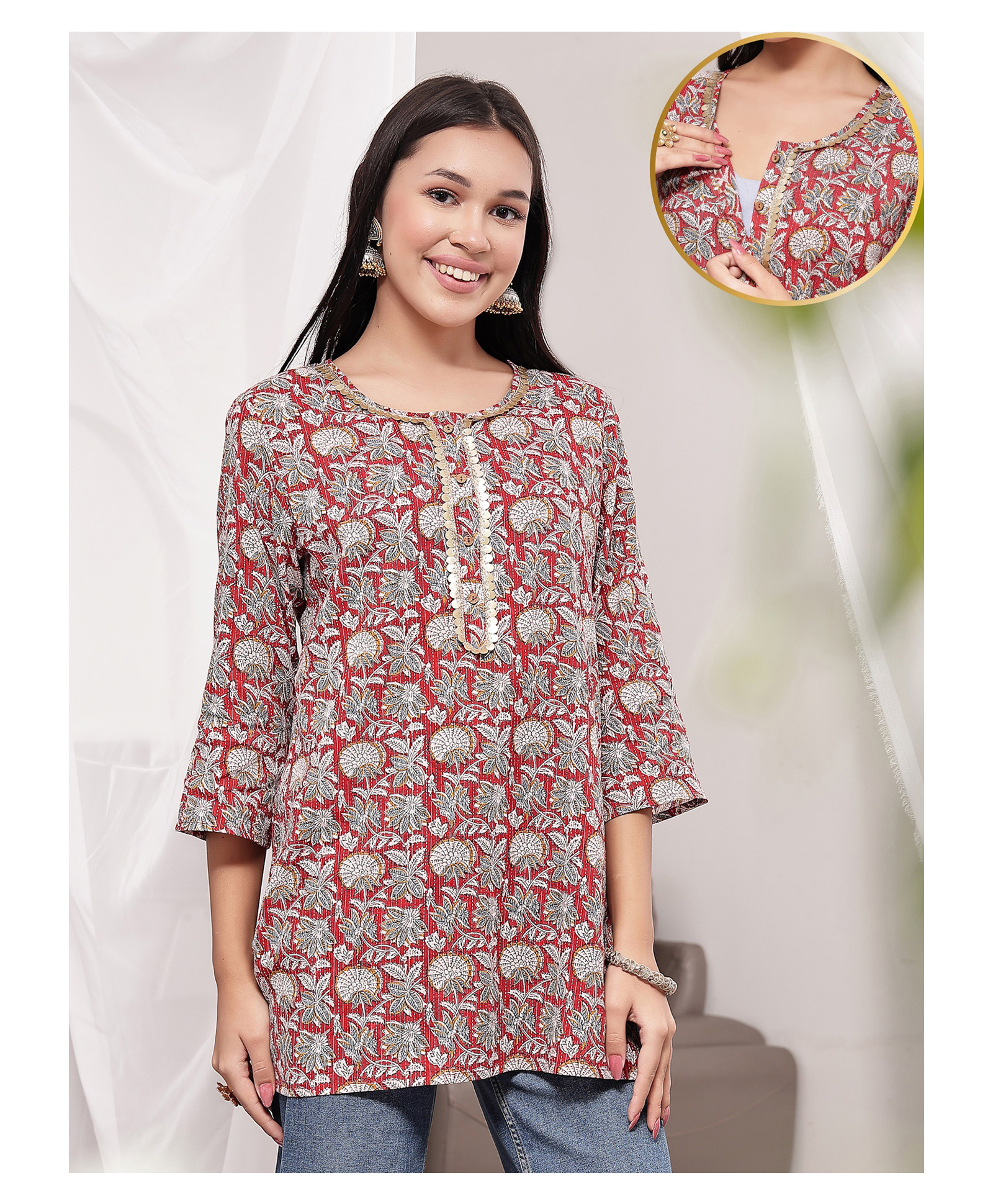 Zelena Cotton Silk Woven Three Fourth Sleeves Floral Printed Maternity Kurti With Front Open Nursing Access - Red Multi-image-17