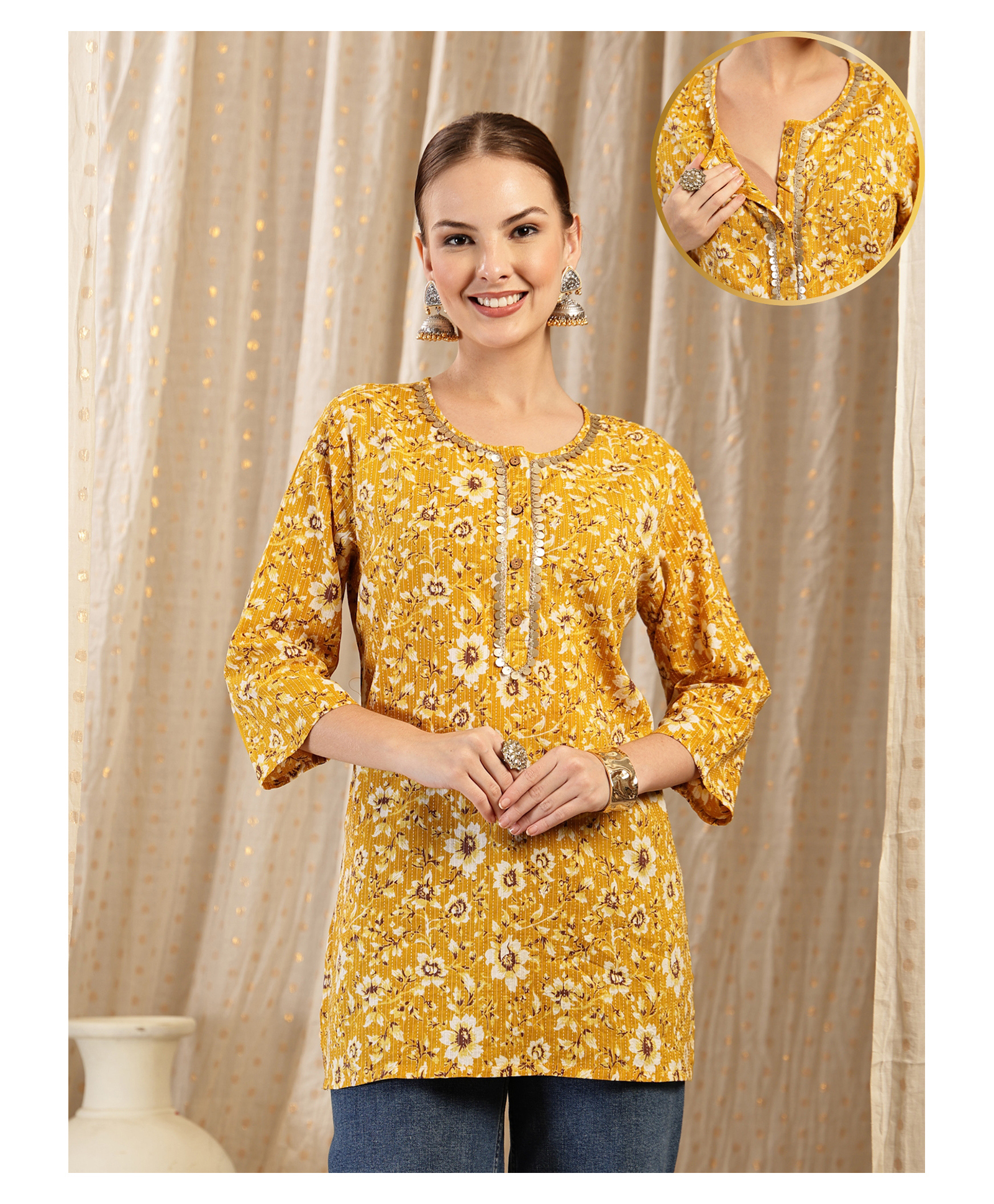Zelena Cotton Silk Woven Three Fourth Sleeves Floral Printed Maternity Kurti With Front Open Nursing Access - Gold-picture-36