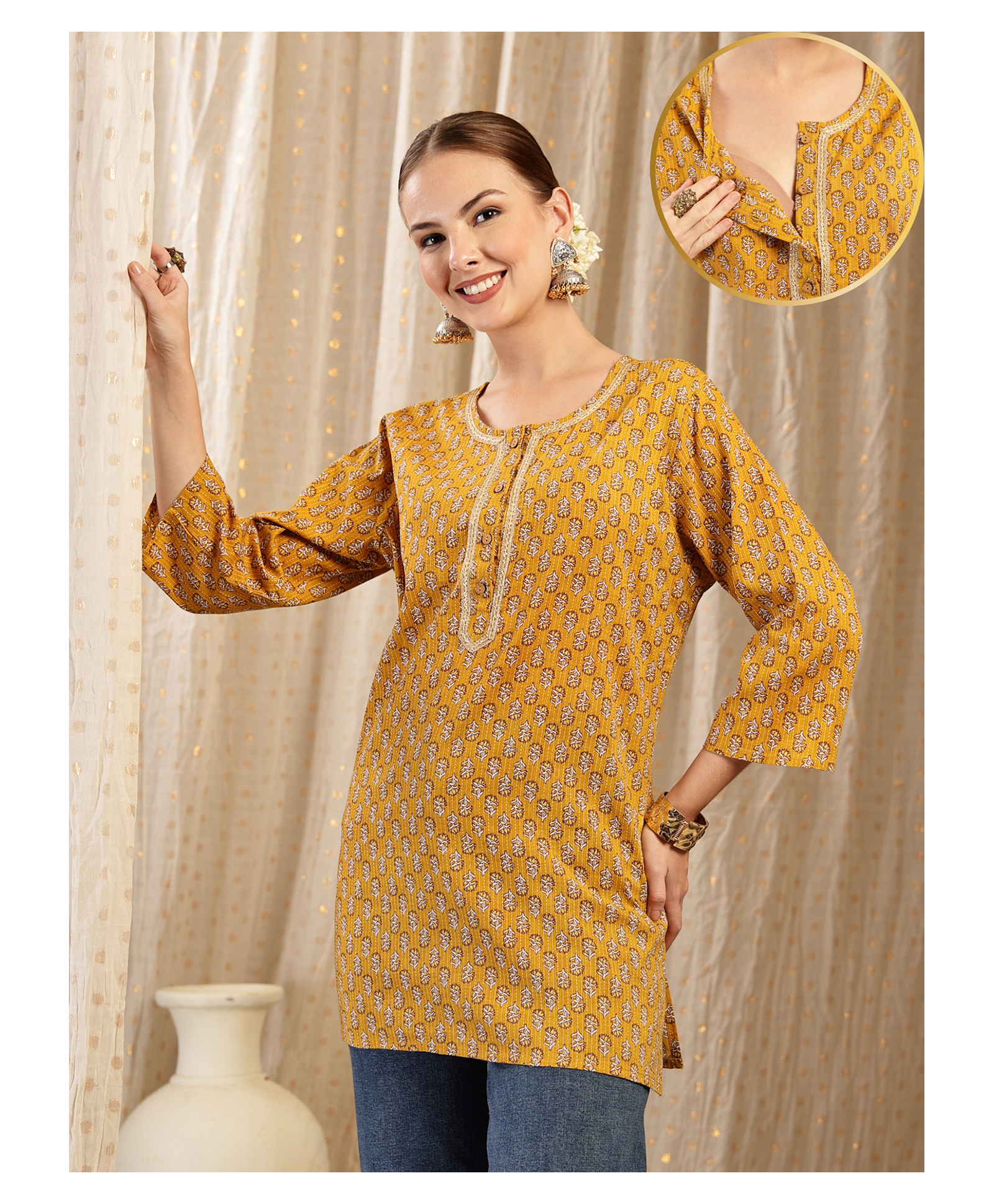 Zelena Cotton Silk Woven Three Fourth Sleeves Floral Printed Maternity Kurti With Front Open Nursing Access - Ocher-image-30