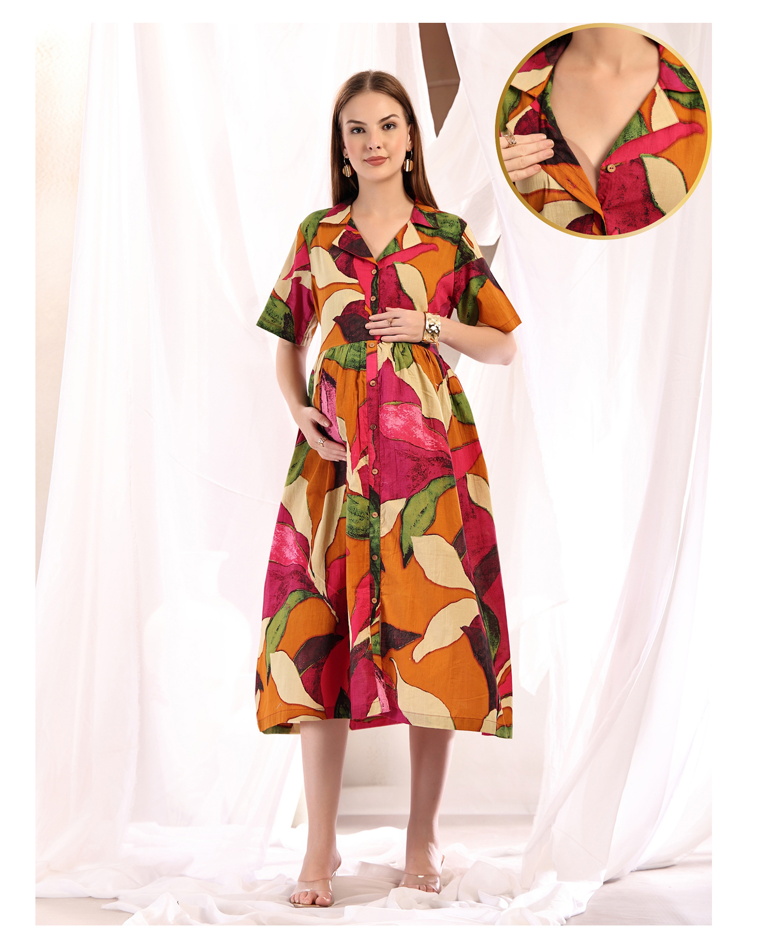 Zelena Cotton Silk Woven Half Sleeves Floral Printed Maternity Dress With Front Open Nursing Access - Multi Colour-image-32