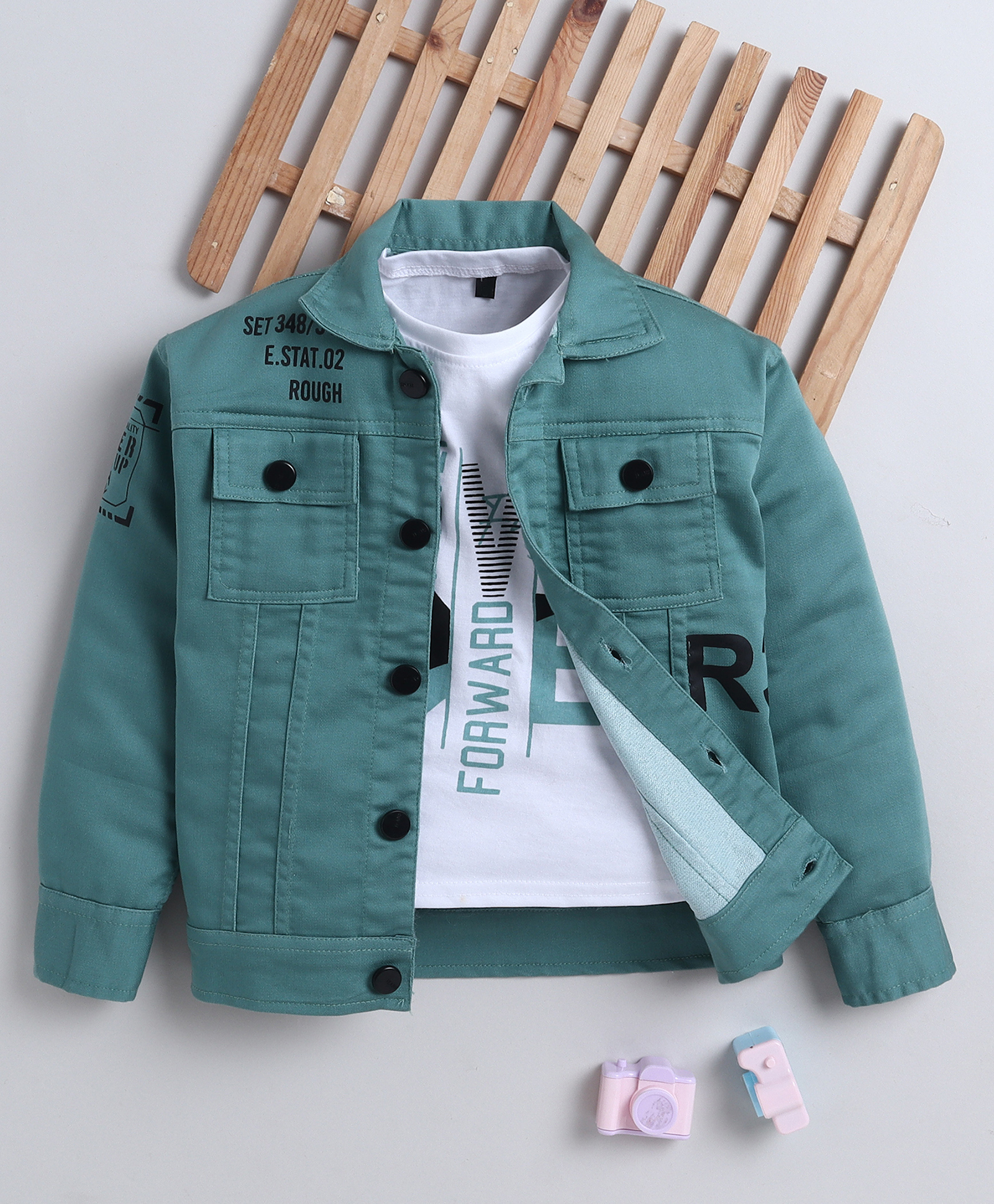 Ministitch Denim Woven Full Sleeves Typography Printed Jacket With Tee - Mint Green-image-44