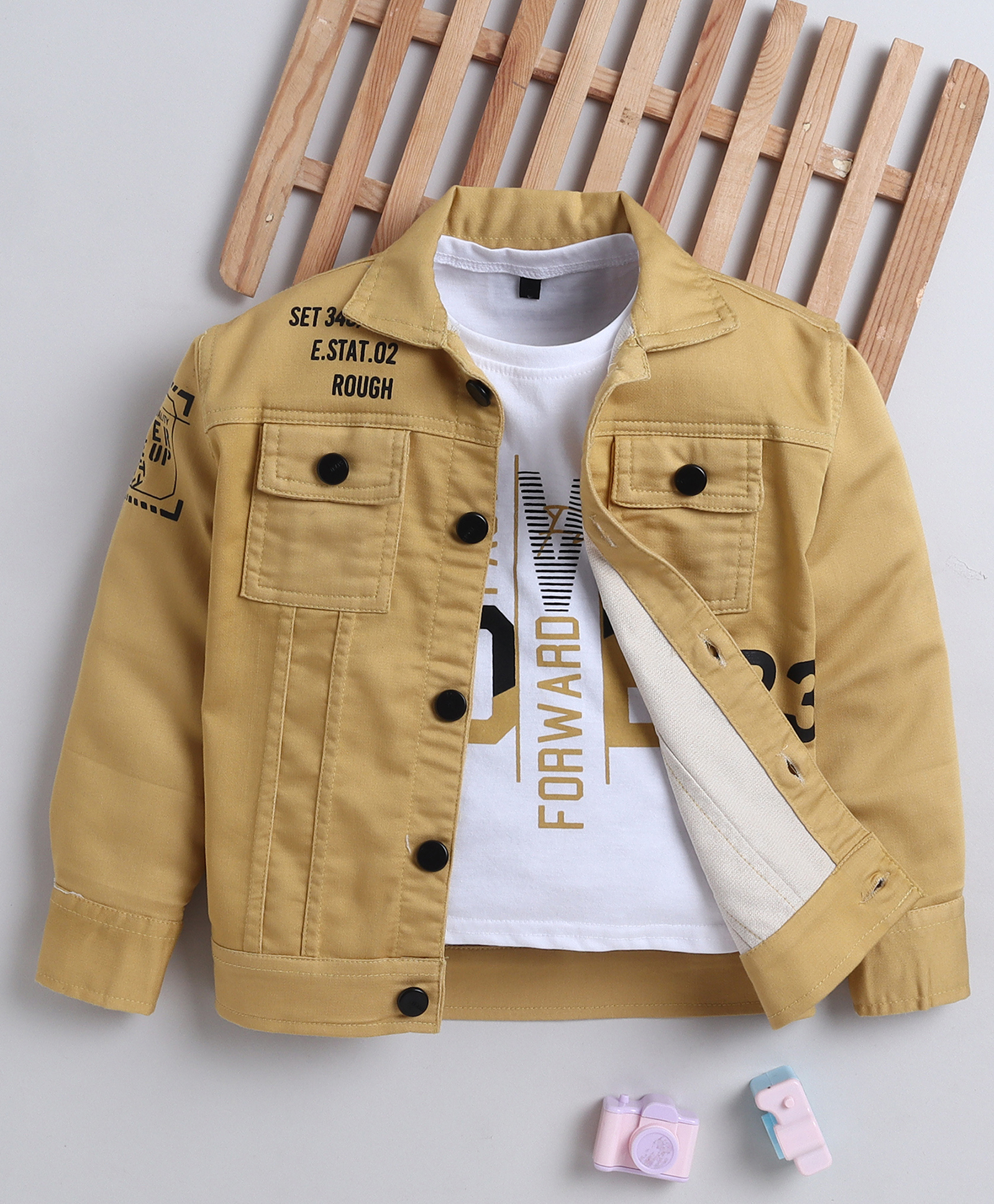 Ministitch Denim Woven Full Sleeves Typography Printed Jacket With Tee - Mustard-image-42