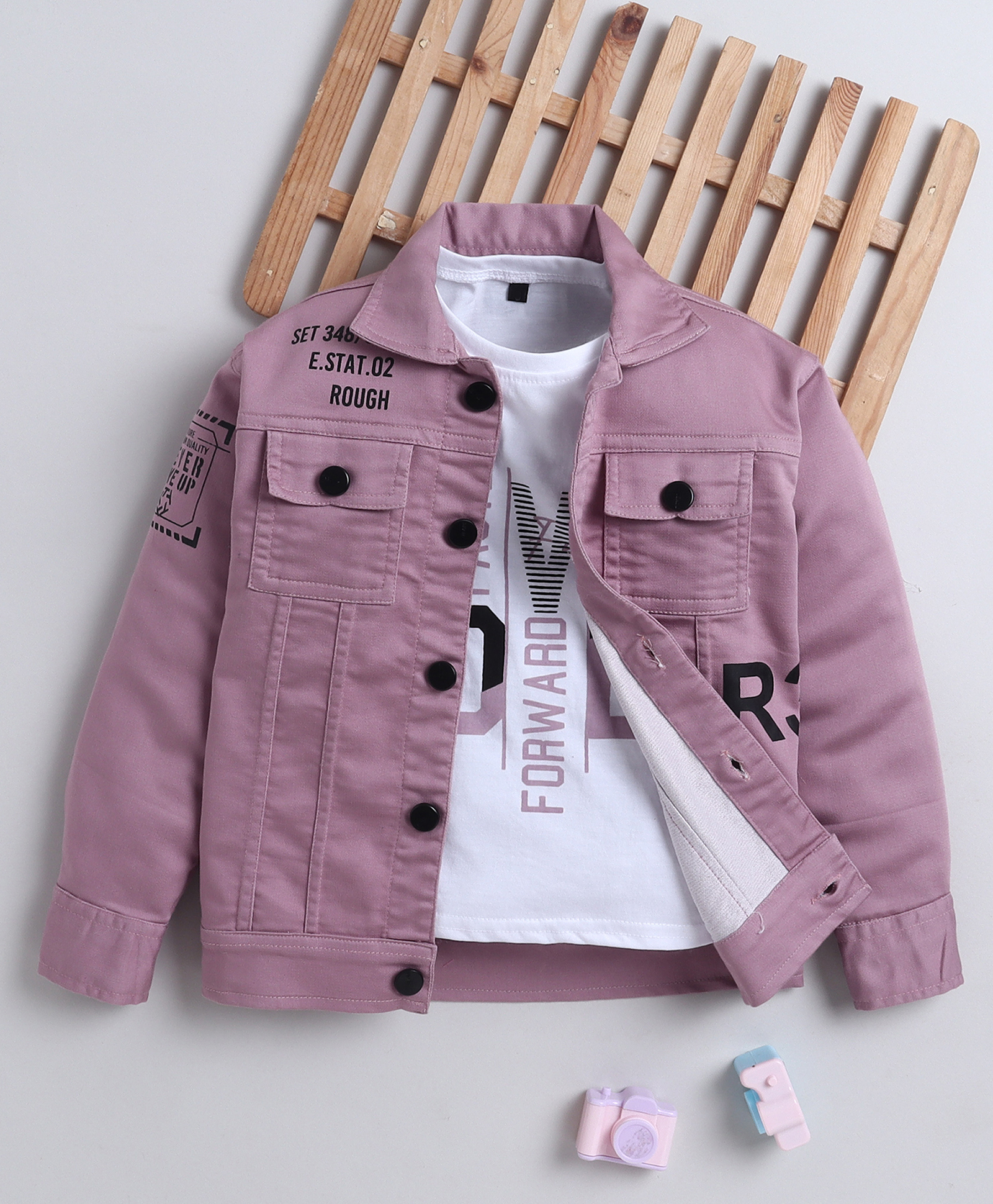 Ministitch Denim Woven Full Sleeves Typography Printed Jacket With Tee - Onion Pink-image-40