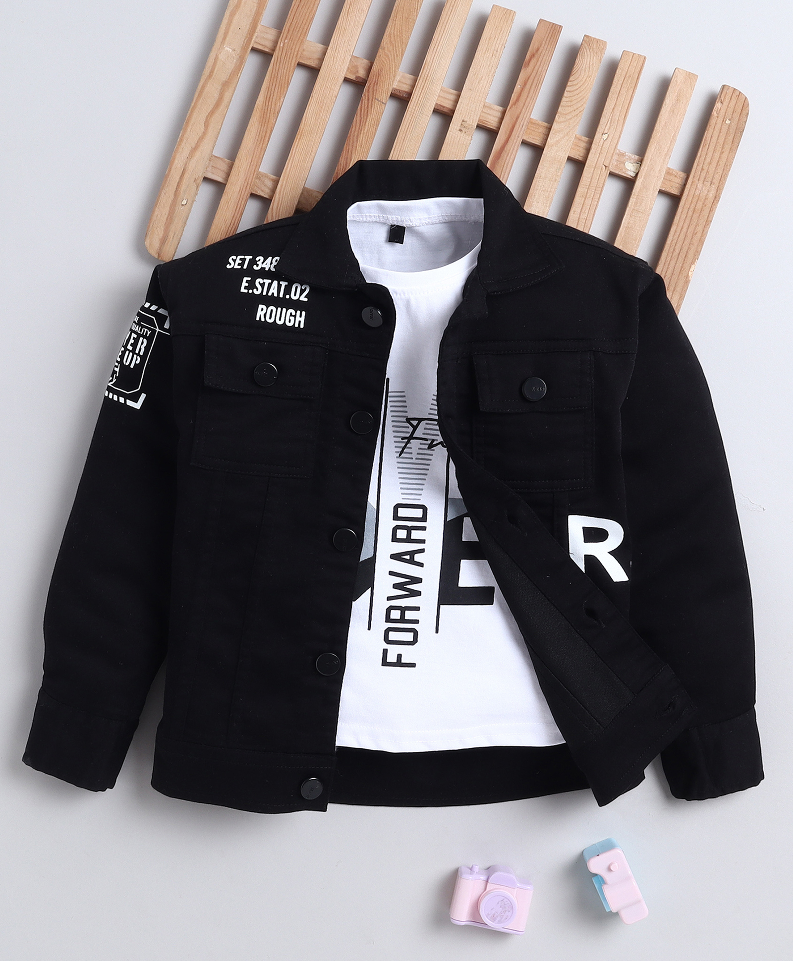 Ministitch Denim Woven Full Sleeves Typography Printed Jacket With Tee - Black-image-43