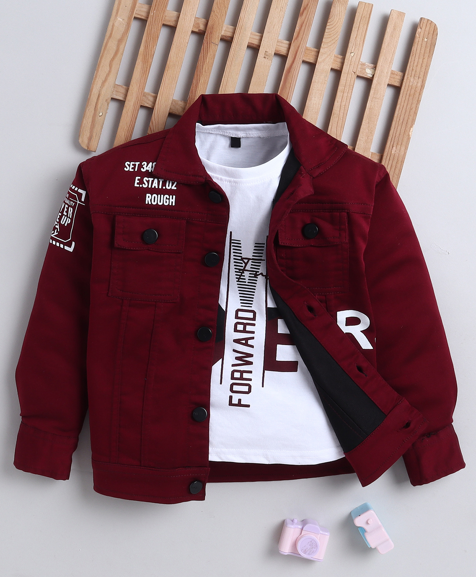 Ministitch Denim Woven Full Sleeves Typography Printed Jacket With Tee - Maroon-picture-21