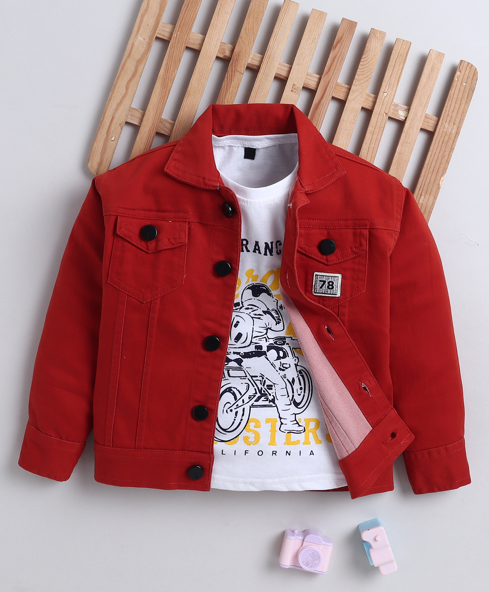 Ministitch Denim Woven Full Sleeves 78 Number Patch Detailed Jacket With Tee - Rust Orange