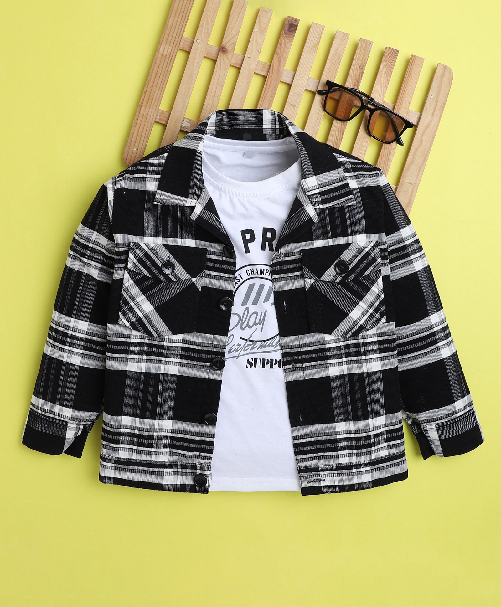 Ministitch Denim Woven Full Sleeves Plaid Checked Shacket With The Predators Text Printed Tee - Black-image-49